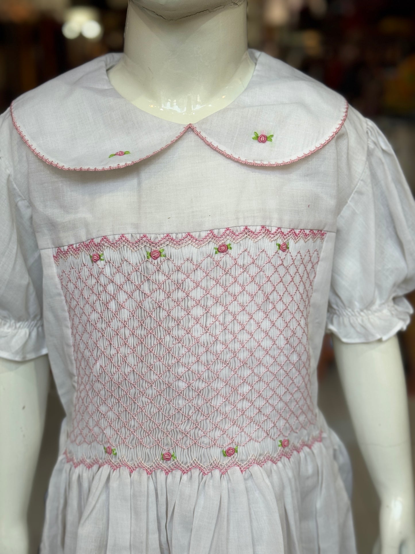 White smocking collared cotton frock with hand embroidery and waist tie