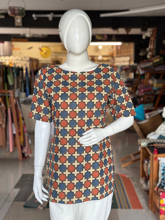 Geometric print hand woven, natural dyed cotton short kurti