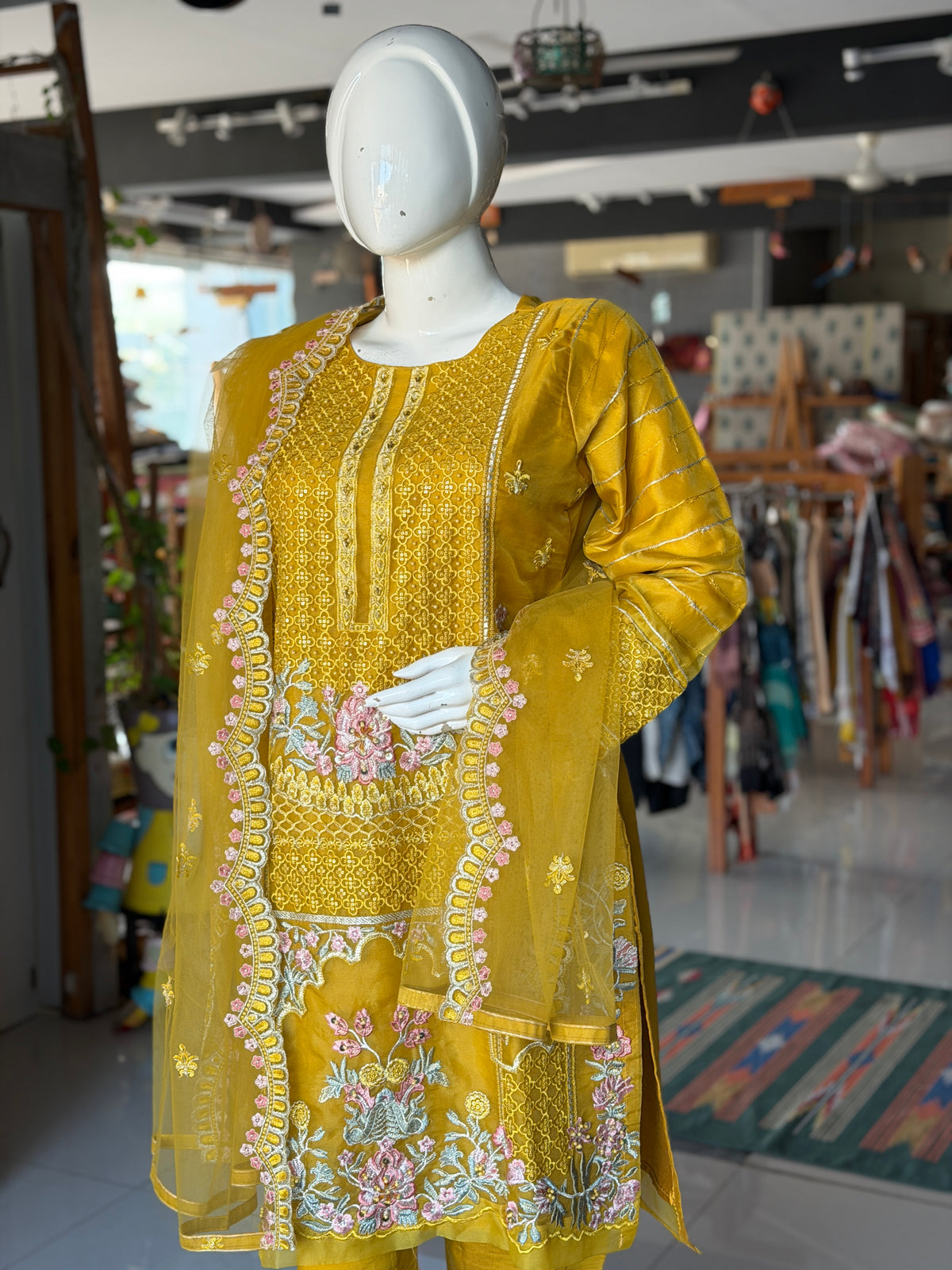 Mustard Yellow organza embroidered short kurti, pants and dupatta - 3 piece set