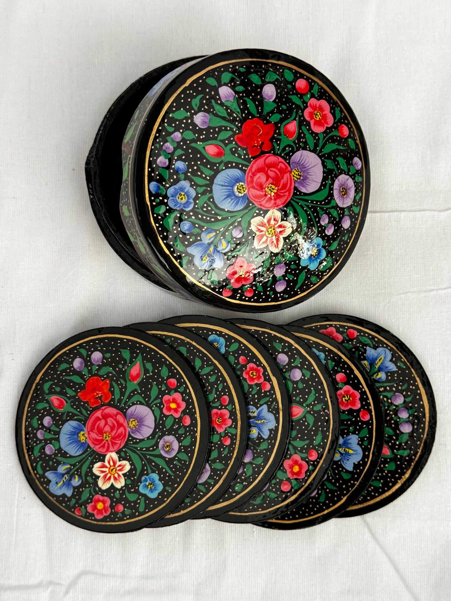 Round Coasters 6 piece set with container - Kashmiri Papier mache hand painted