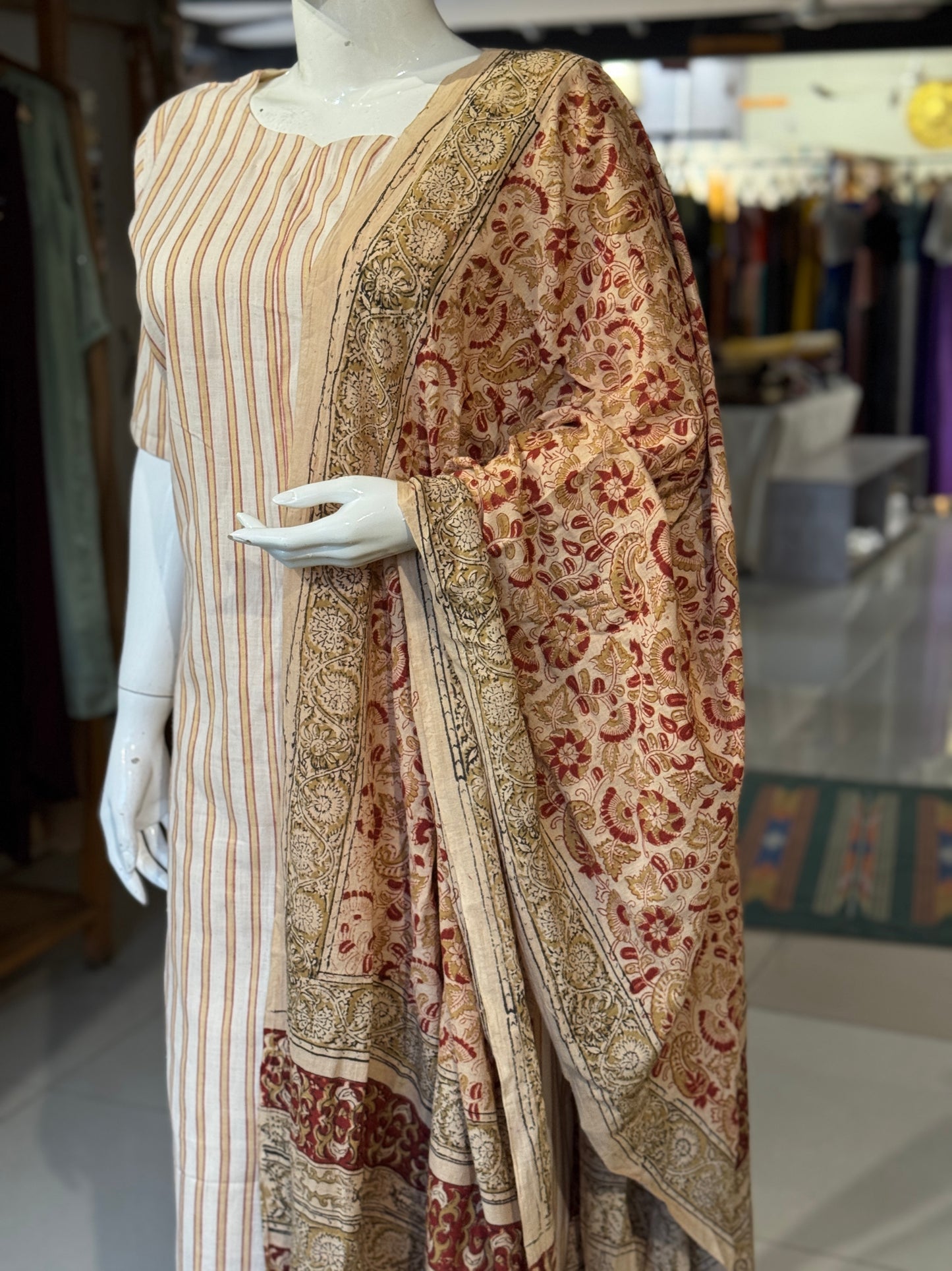 Beige cotton kalamkari handblock printed dupatta with natural dyes - maroon floral print