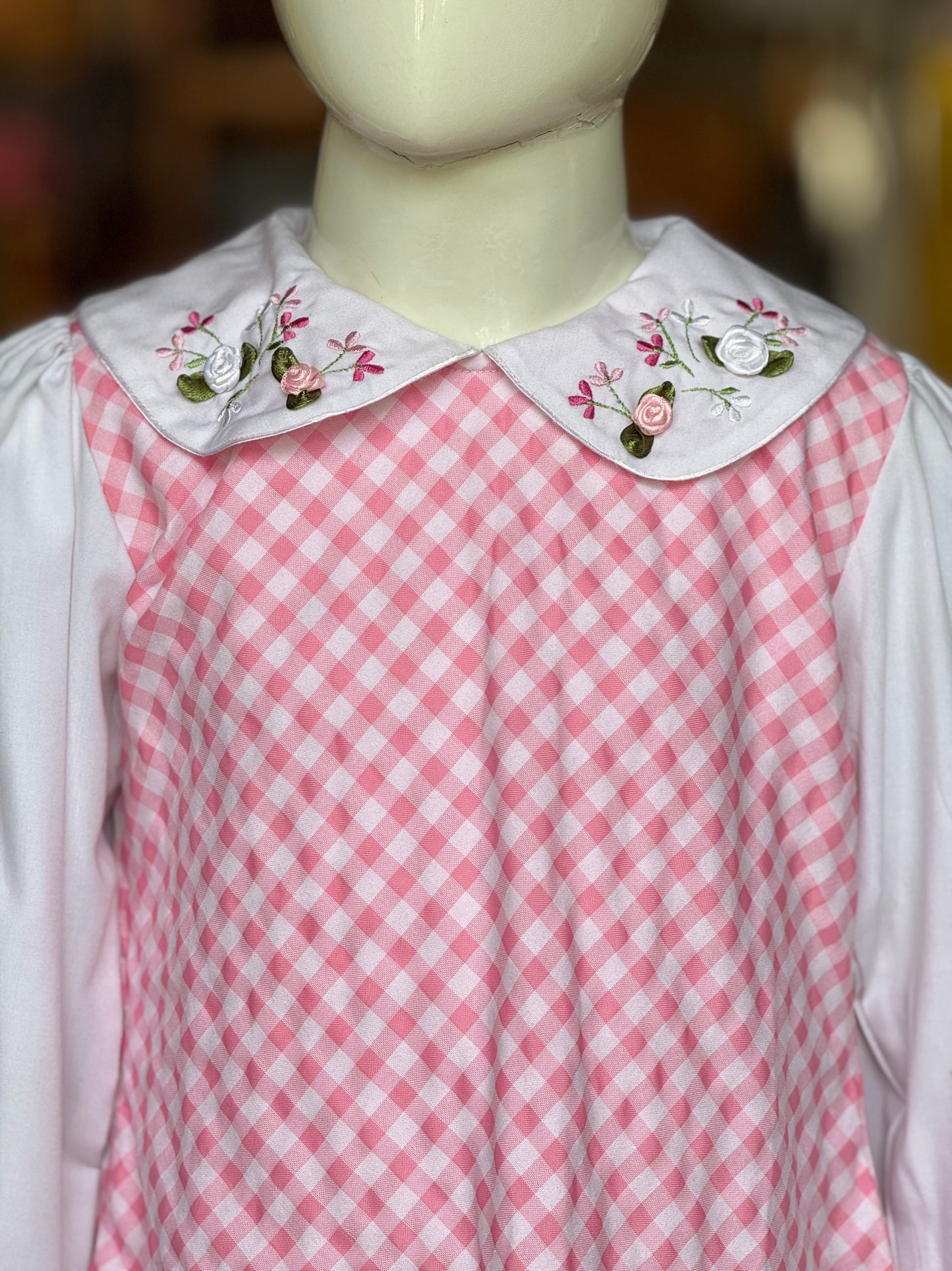 Pink and white checks frock with embroidered collar and long sleeves