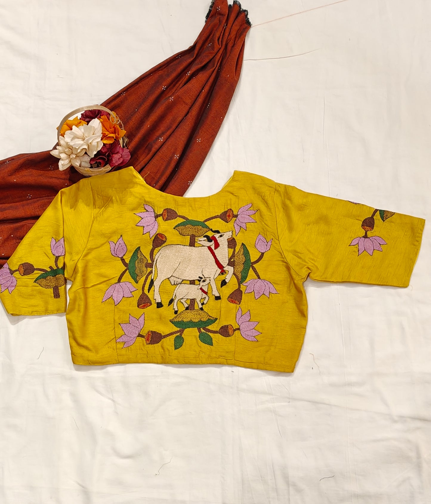 Yellow cow n calf with lotus - Kantha hand embroidered silk blouse