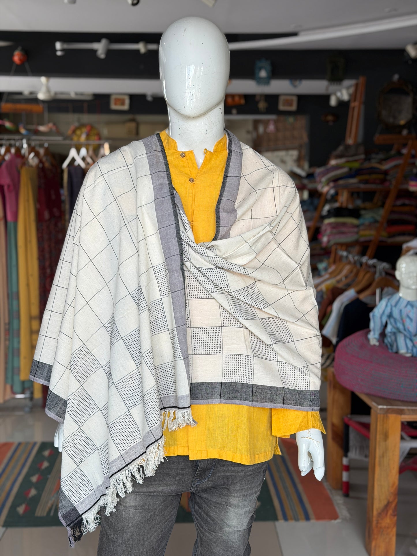 Off white hand spun, handloom cotton dupatta / stole with black thread work rectangles