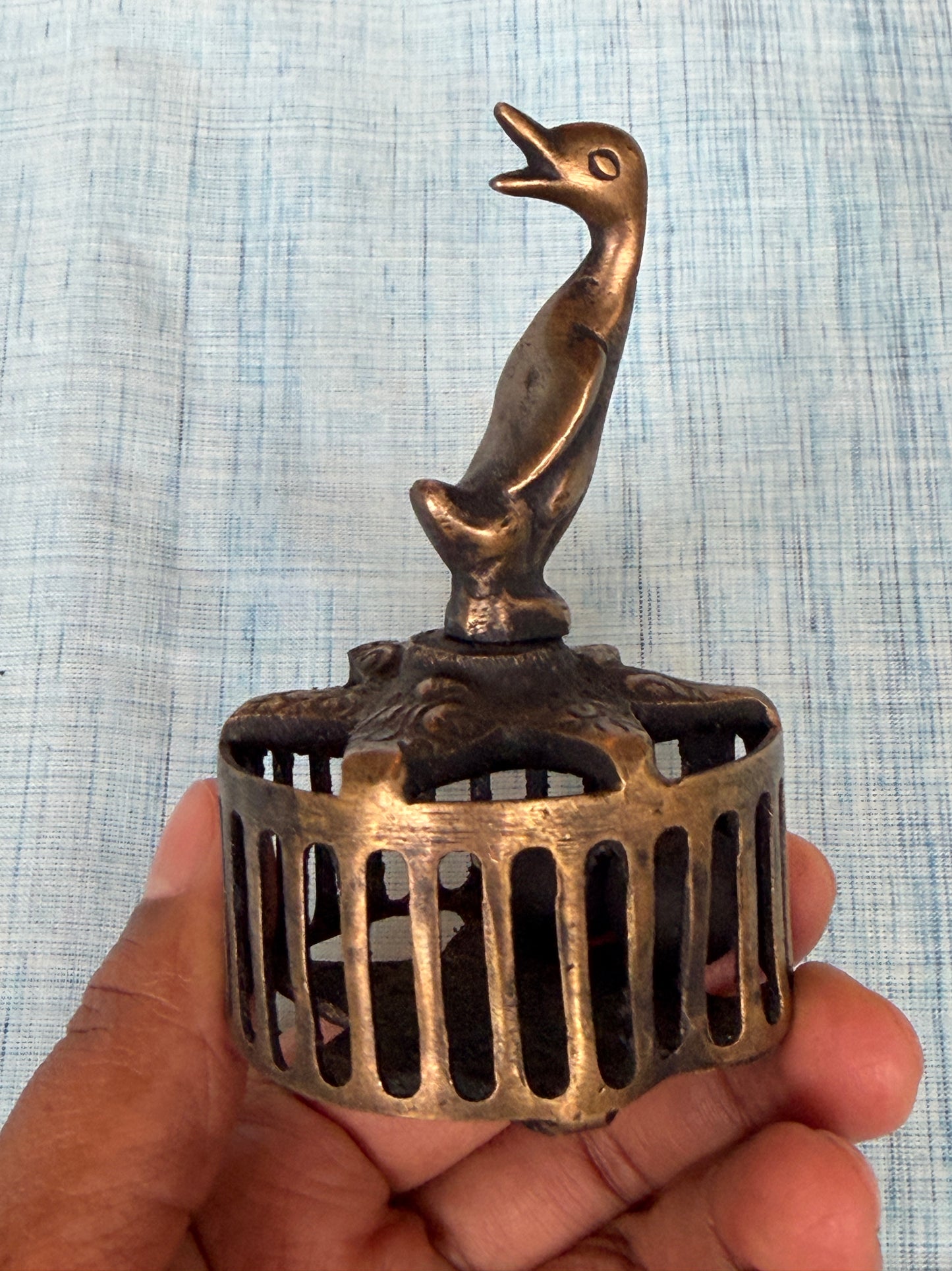 Vintage duck handle brass scrubber with bell - handcrafted traditional piece