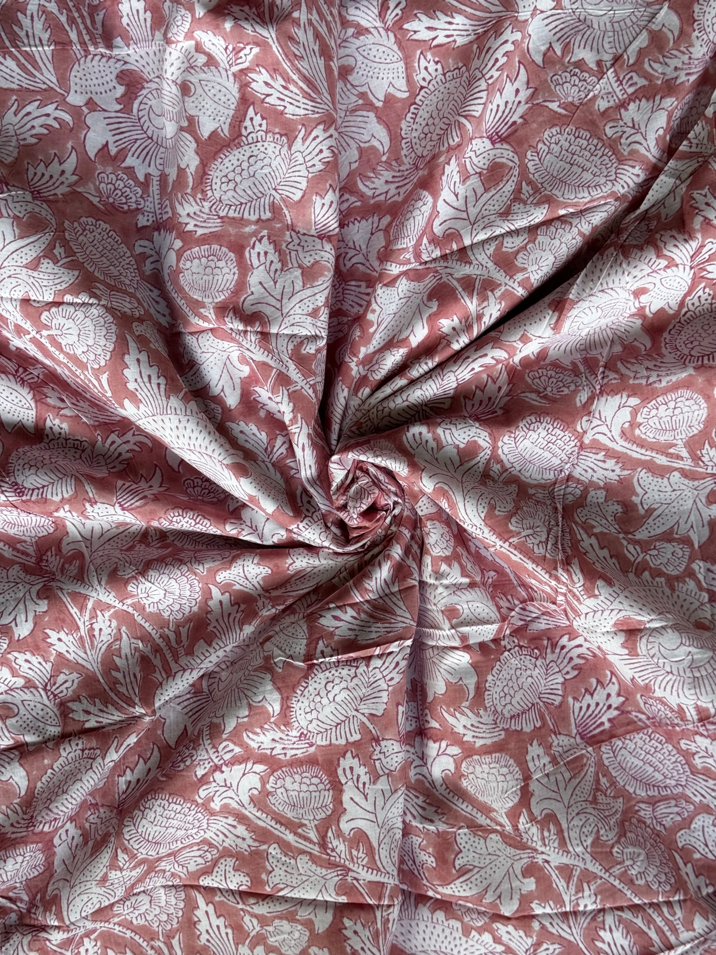 Peach floral hand block printed soft cotton fabric