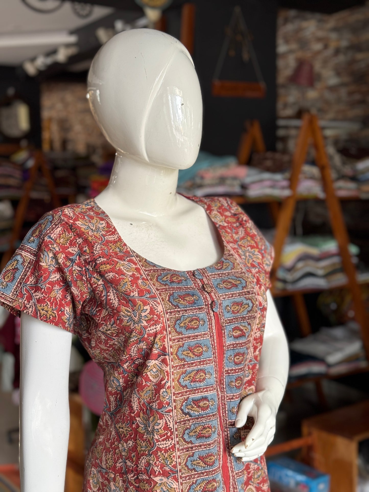 Red and blue hand block printed Kalamkari cotton straight kurti