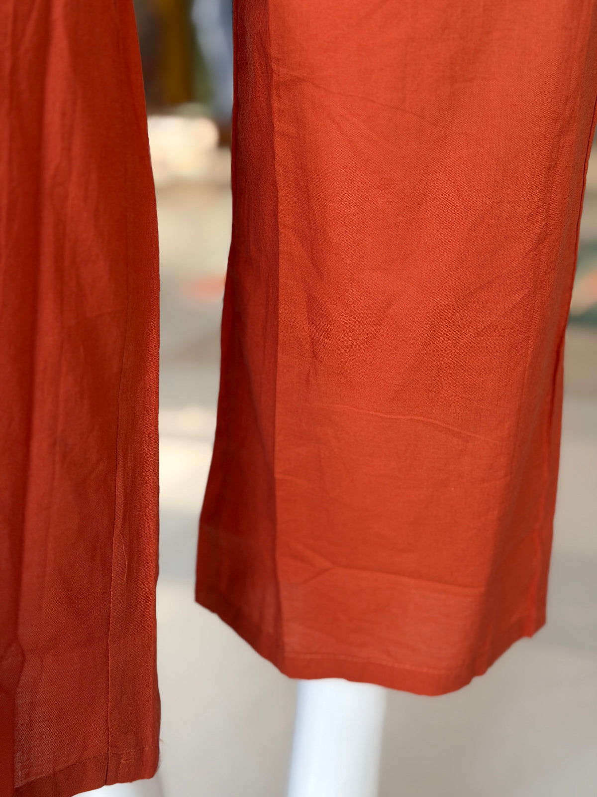 Rust Orange mul chanderi silk 3 piece set: a-line kurti, pants n dupatta