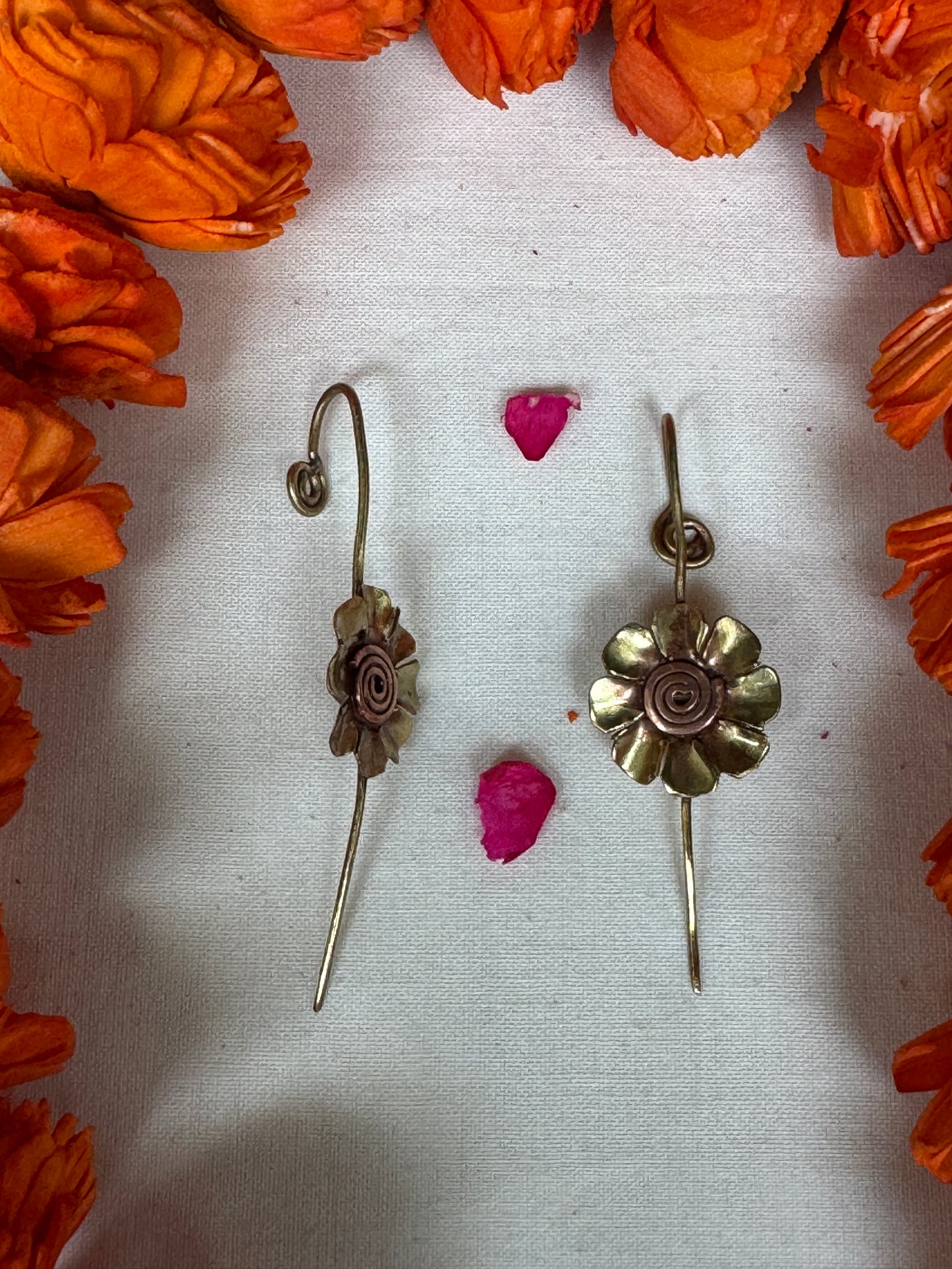Flower design ear clip ons - Brass and copper