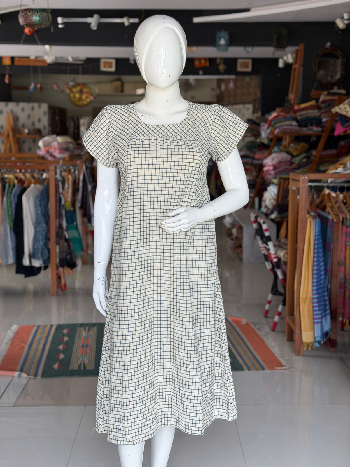 Off white and blue checks hand spun, handwoven, natural yarn dyed cotton dress with front pockets