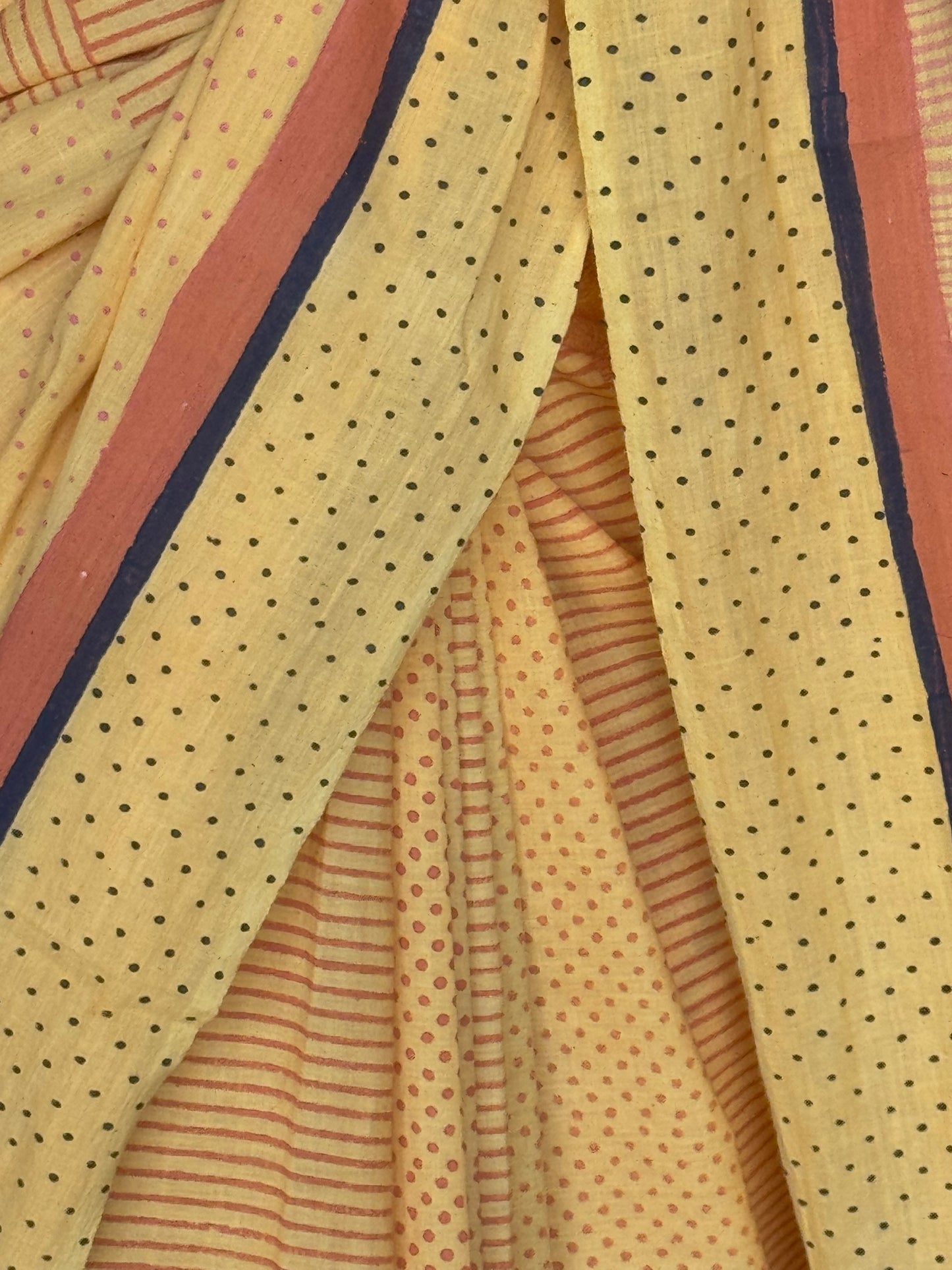 Yellow orange polka dots and stripes cotton hand spun, hand woven, hand block printed saree