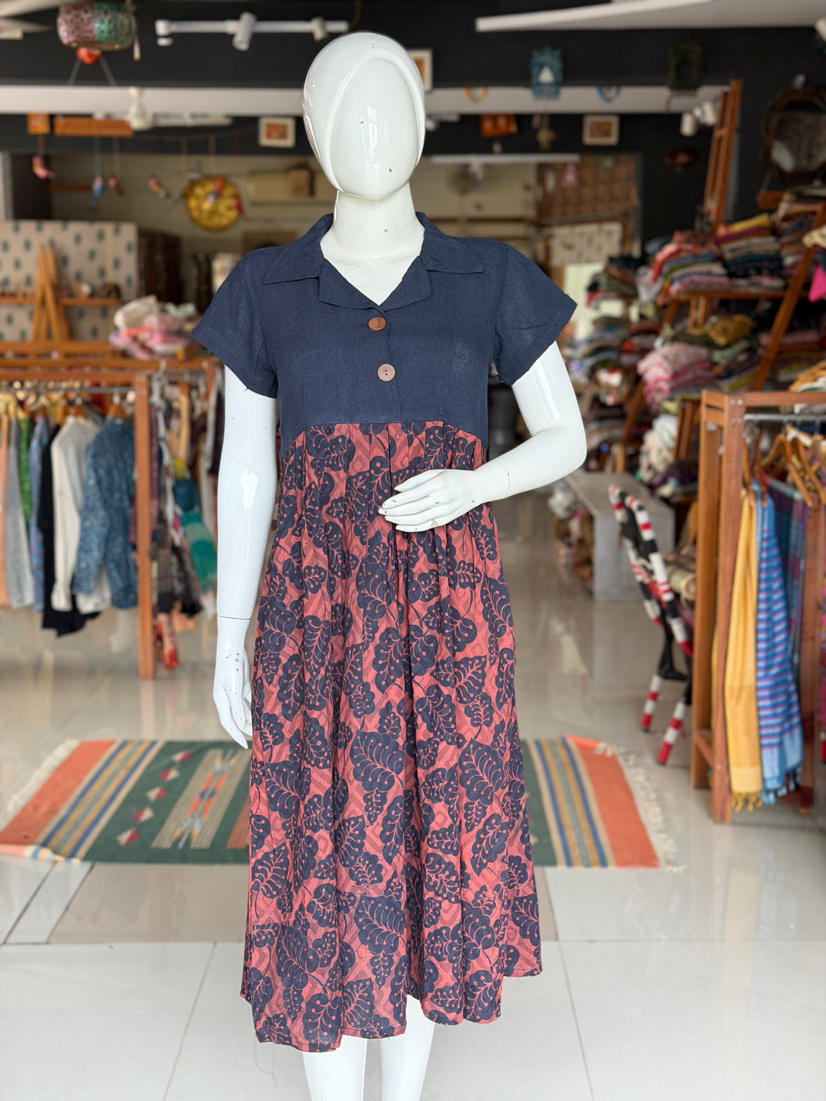 Navy blue kala cotton hand woven shirt look dress with hand block prints