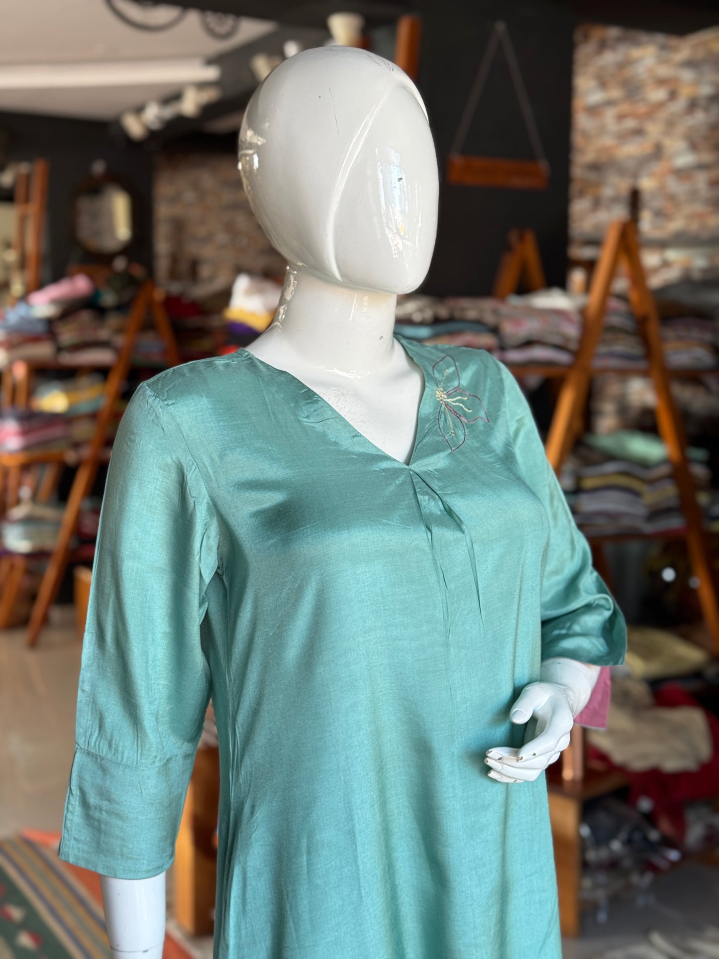 Sea green Co-ord set in hand embroidered muslin -  kurti, pants set