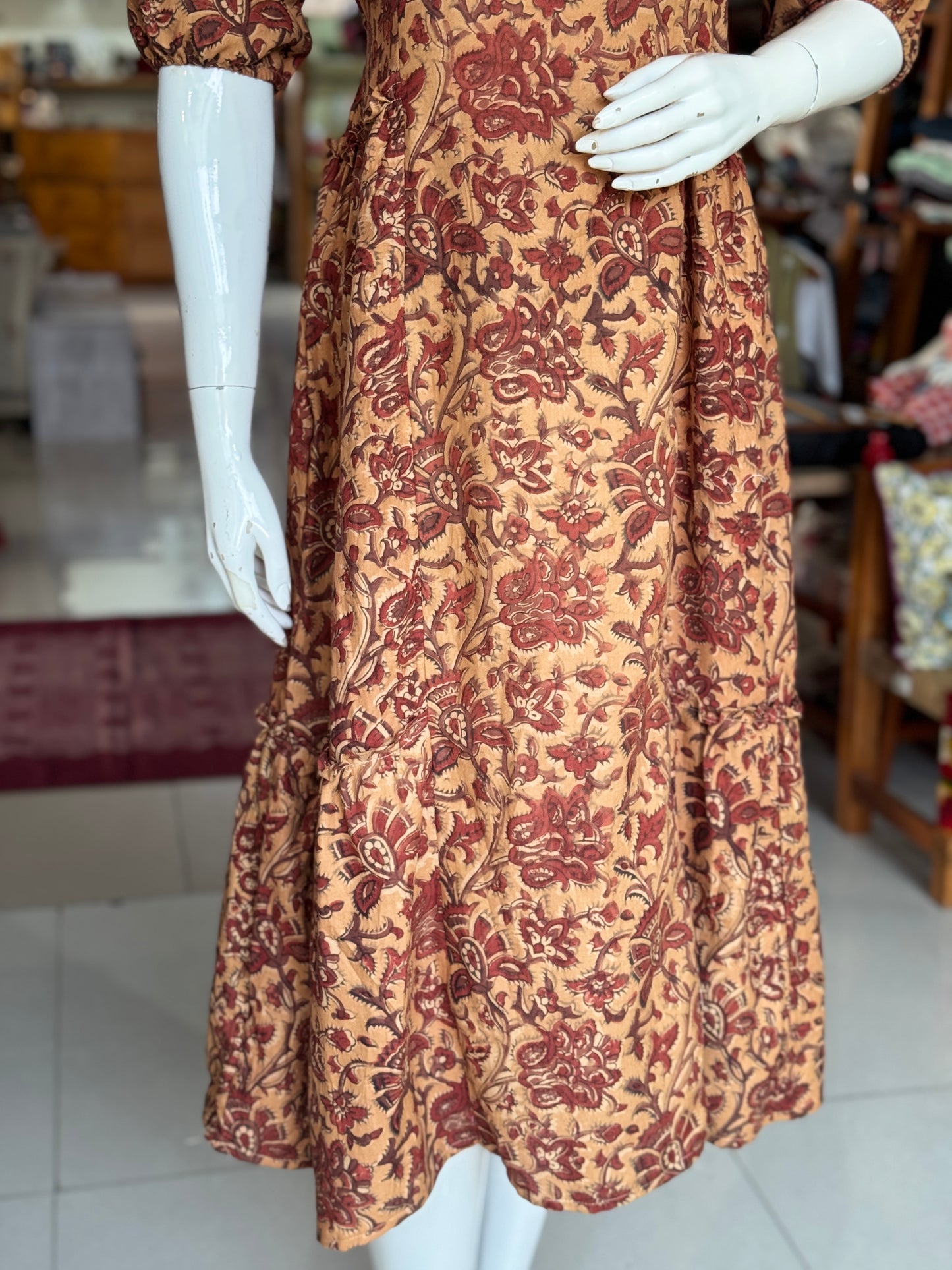 Sandal time Kalamkari handblock print soft n flowy cotton satin side multi tiers dress