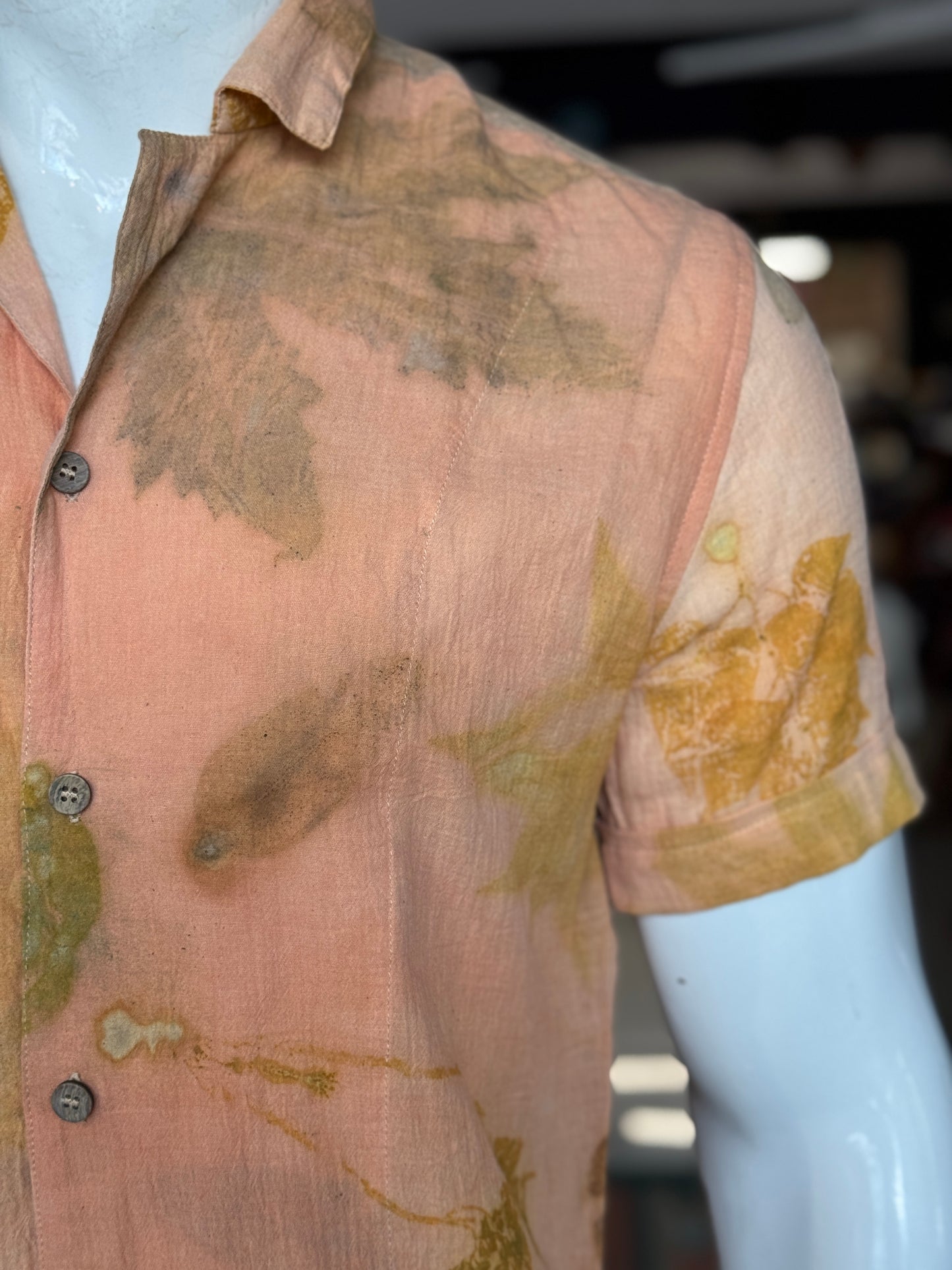Peach leaf eco printed textured cotton half sleeves shirt for men