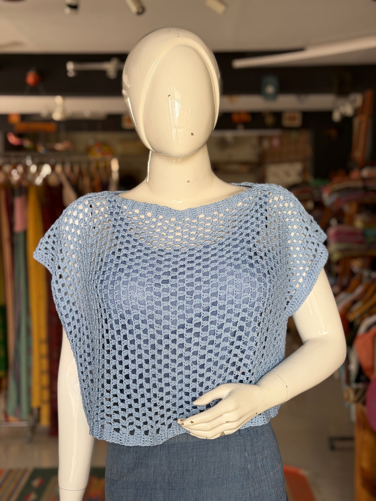Blue hand crocheted cotton top - free size
