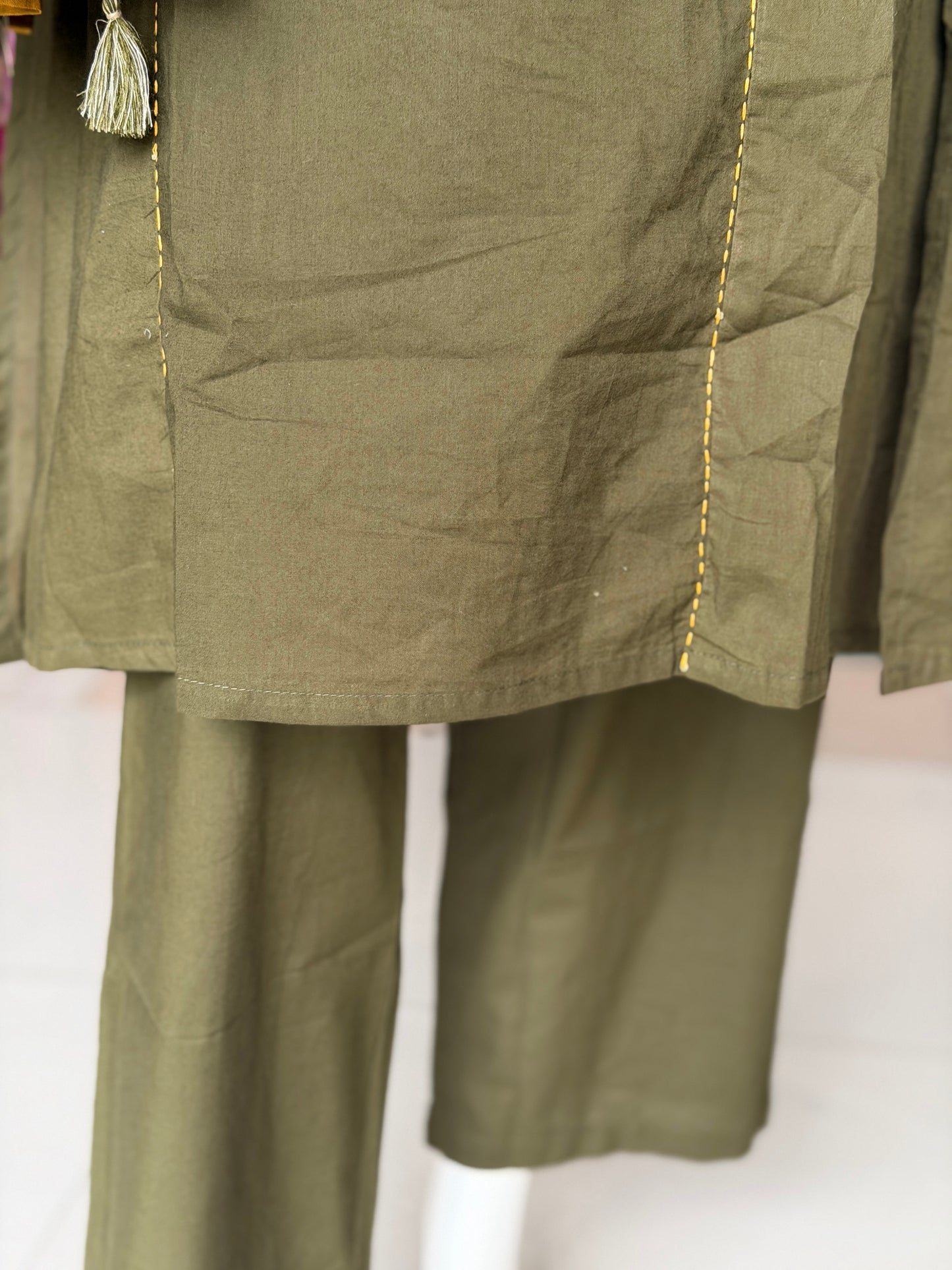 Green patch work straight cut kurti, pants and dupatta - 3 piece set