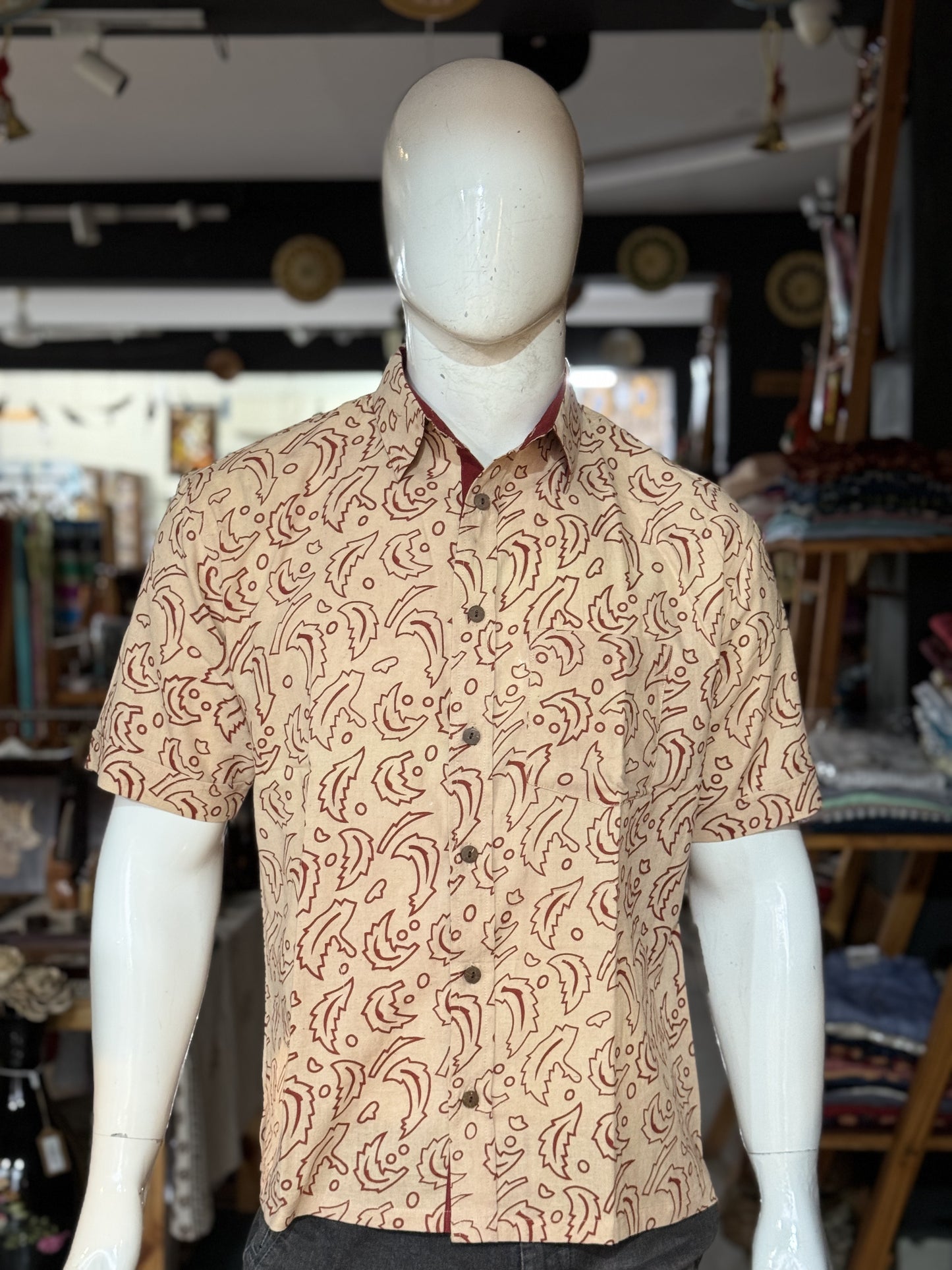 Beige leaves print half sleeves mens natural dye, hand block printed cotton shirt