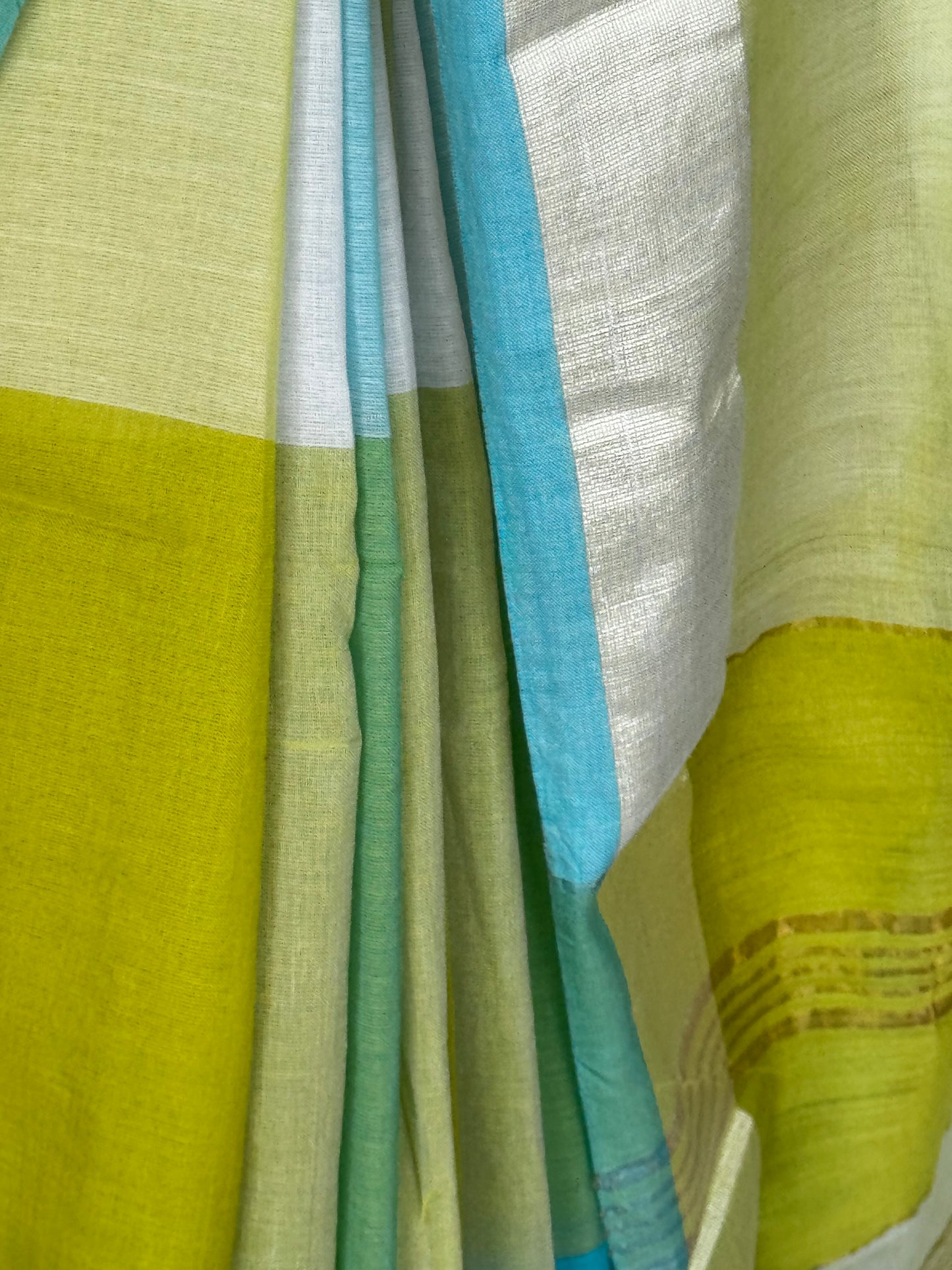 Blue green and white pastel color block handwoven cotton saree