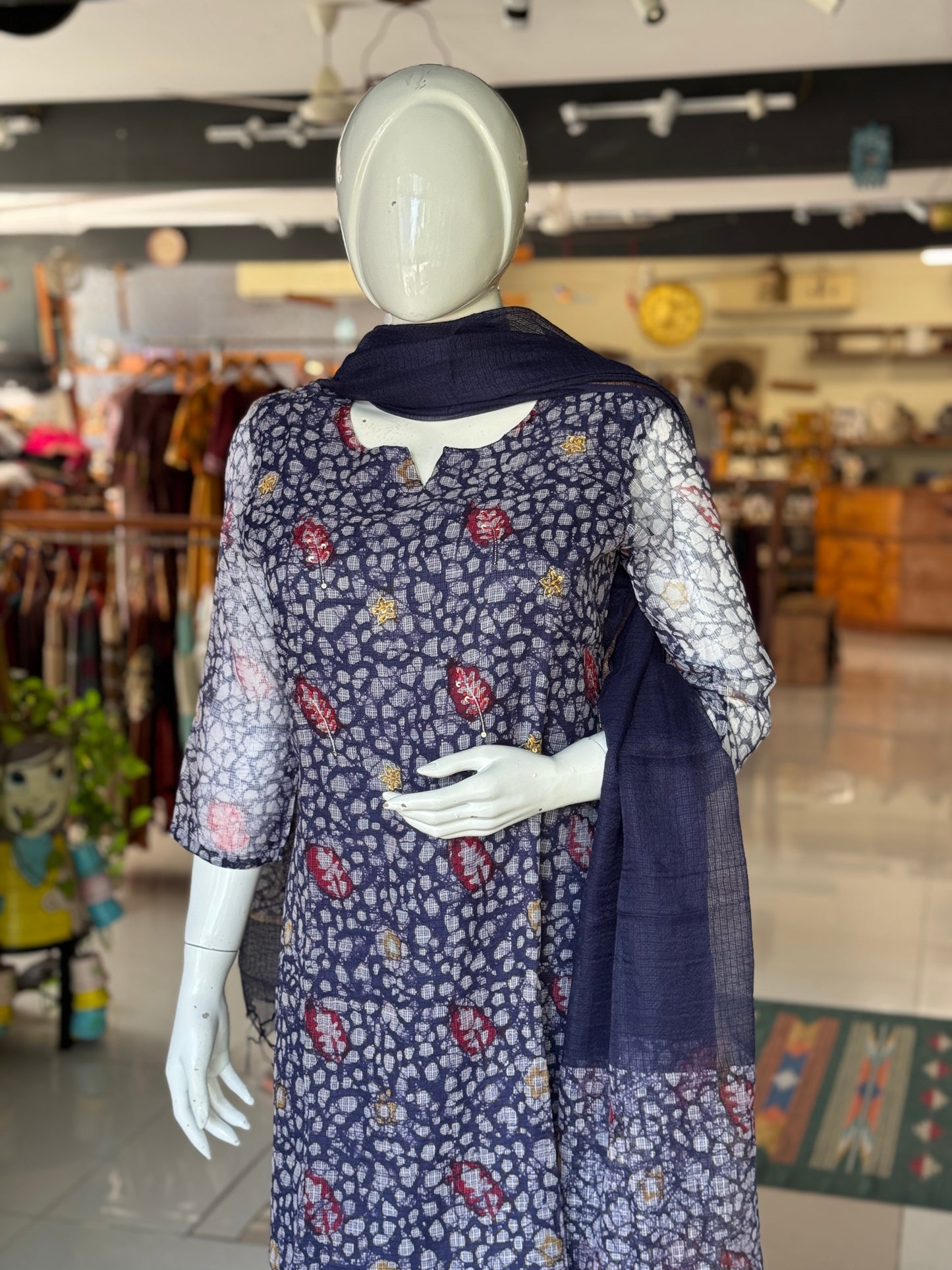 Blue batik hand block printed kota cotton straight kurti, pants and dupatta set - with hand embroidery