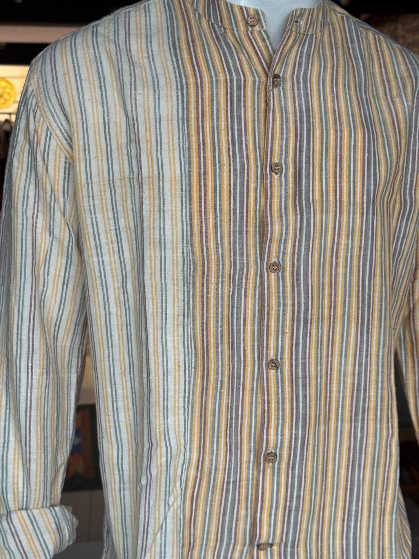 Yellow stripes handwoven kala cotton full sleeves band collared shirt for men