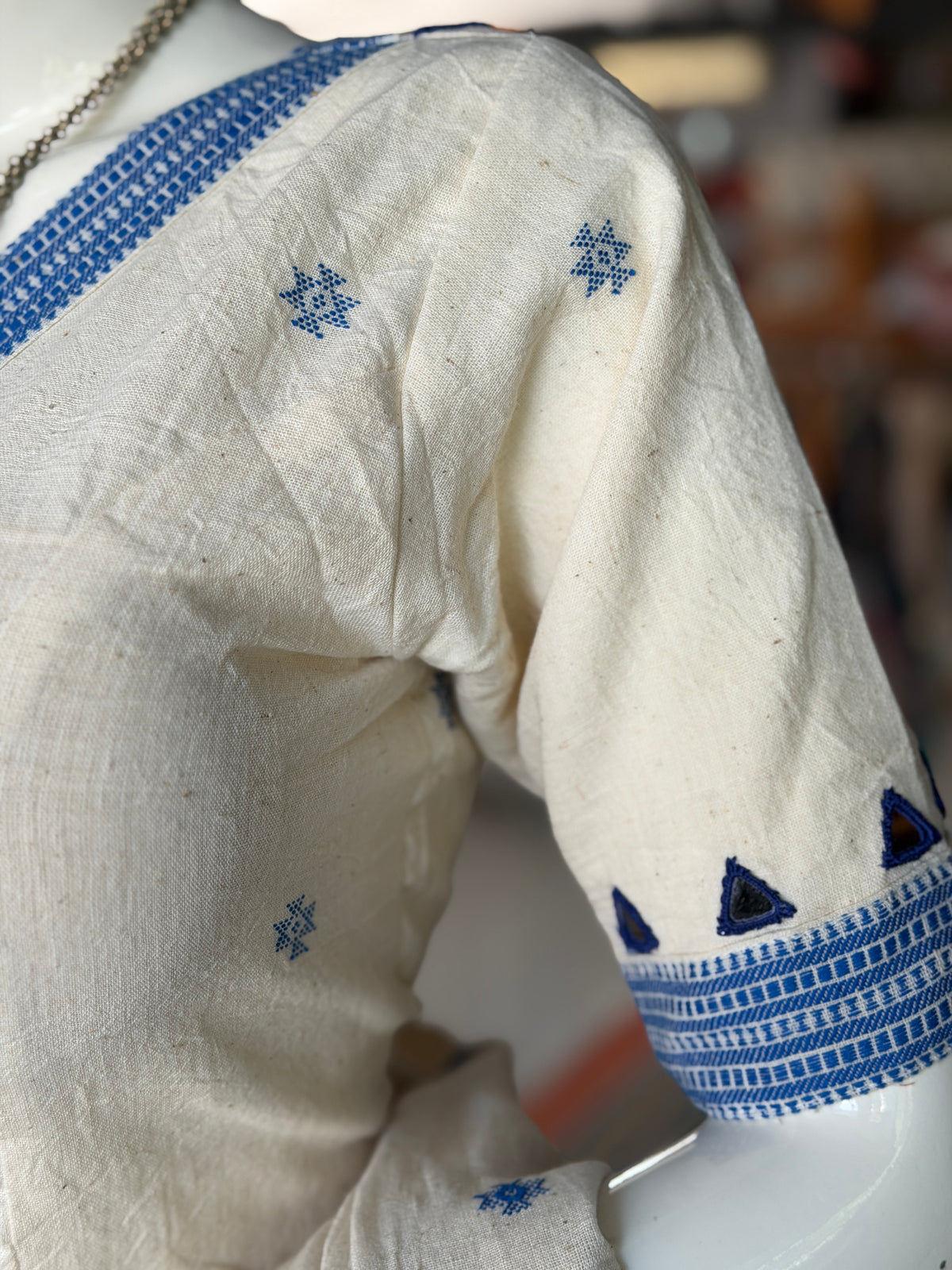 Off white Bhujodi kala cotton handloom blouse with mirror work on sleeves and back