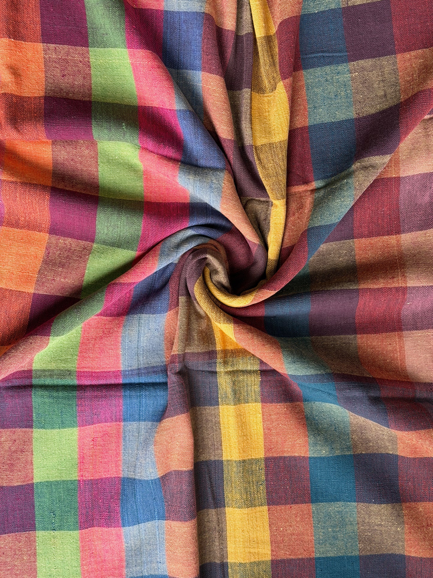 Colorful checks cotton hand spun, hand woven fabric - red, orange, yellow, green, purple, violet checks