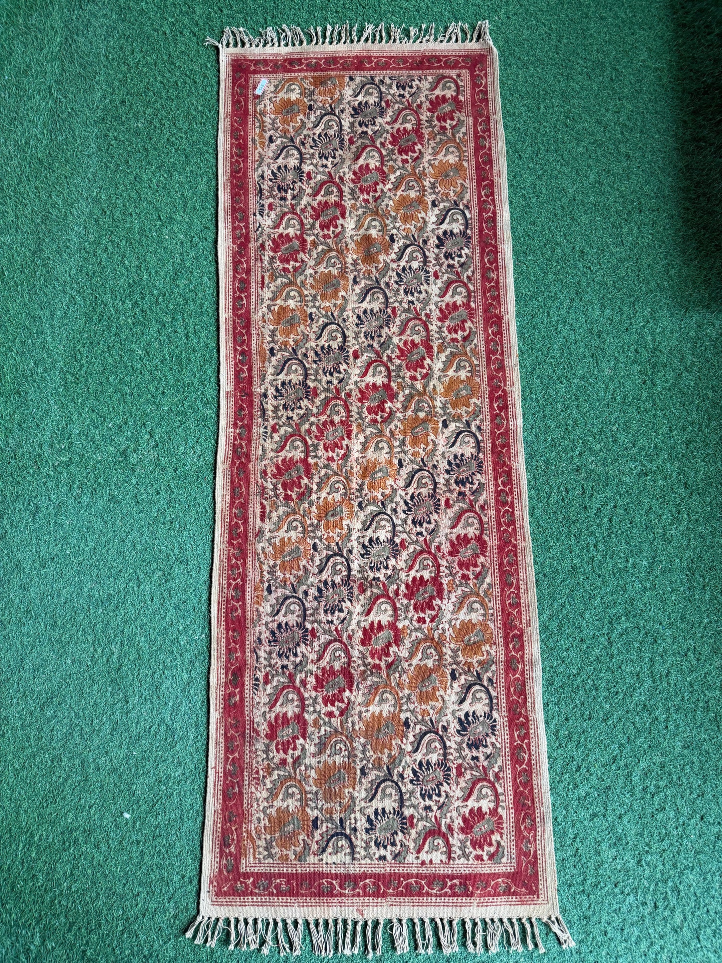 2 x 6 feet cotton Kalamkari hand block printed runner carpet / durrie