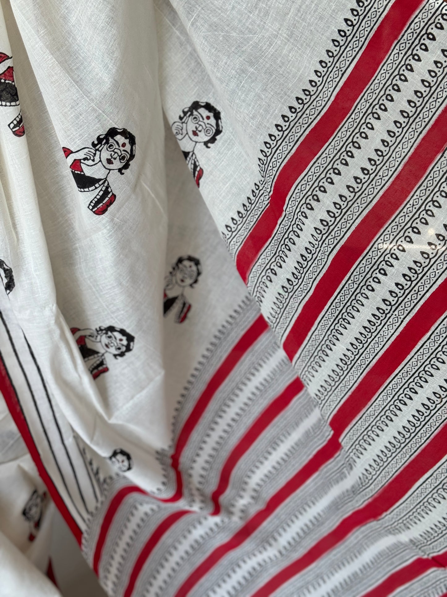 Lovely lady - quirky hand block printed off white cotton saree