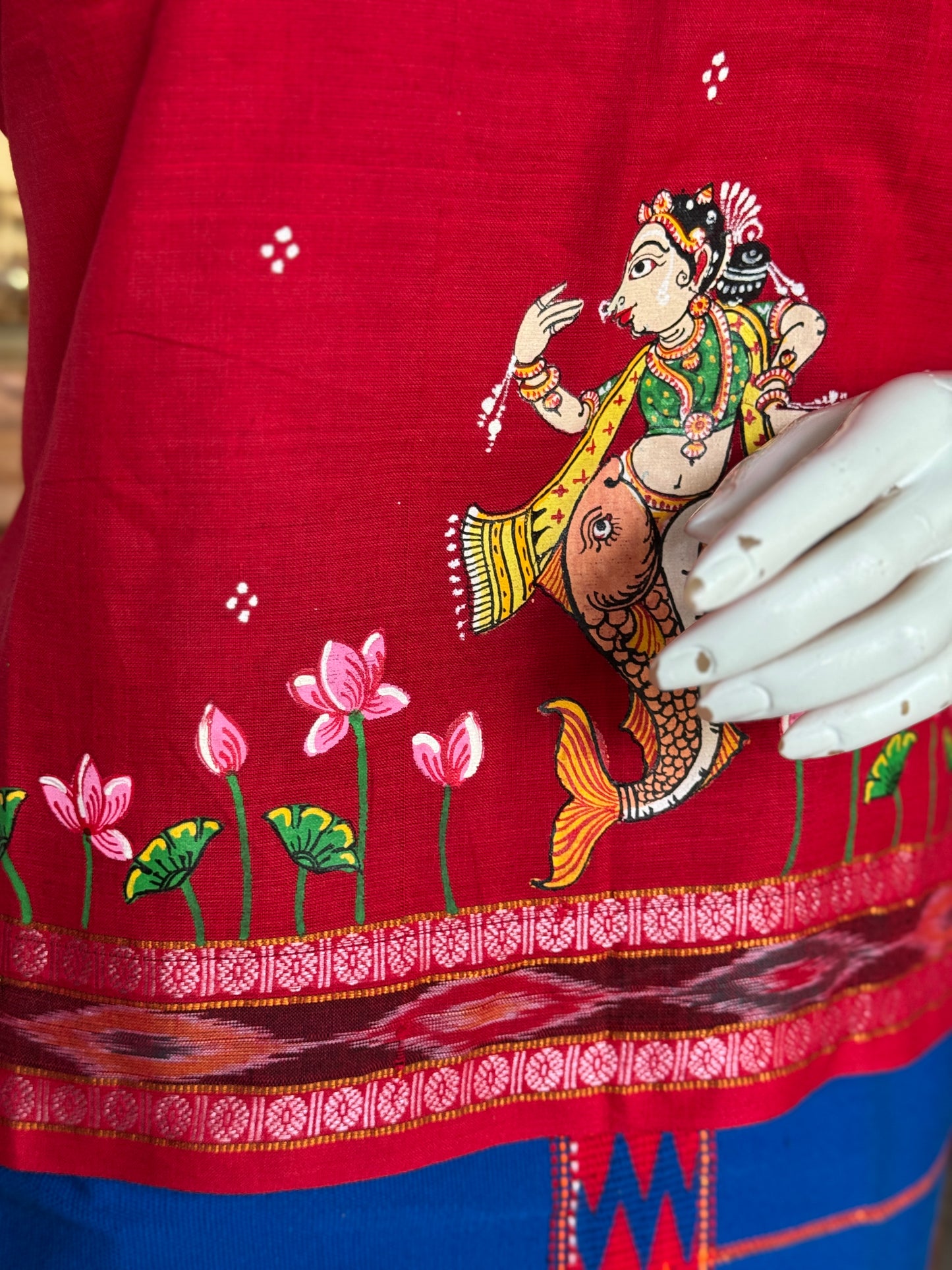 Red Patachitra hand painted, handwoven cotton top with ikat border