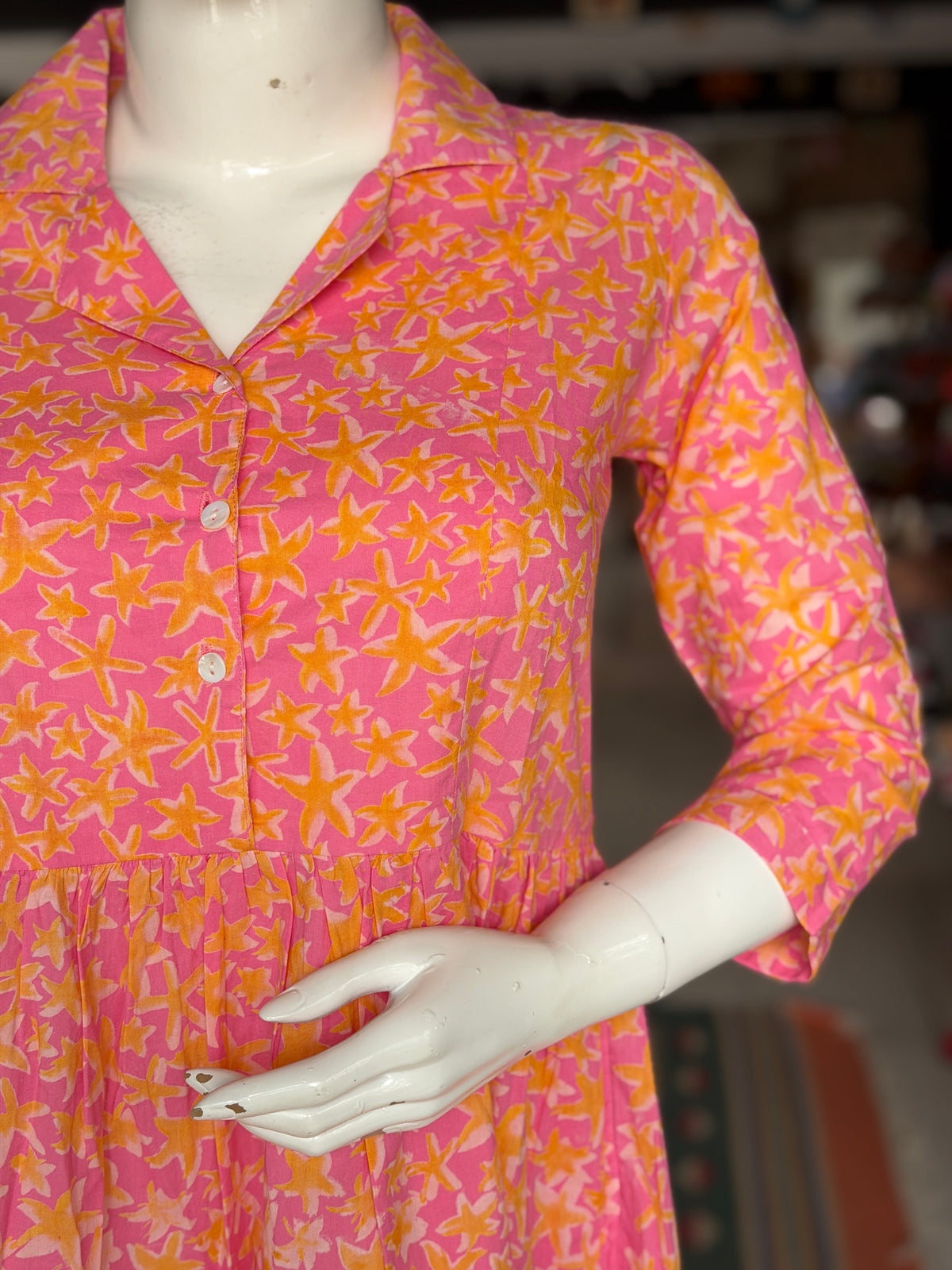 Pink and yellow floral hand block printed cotton collared tiered dress