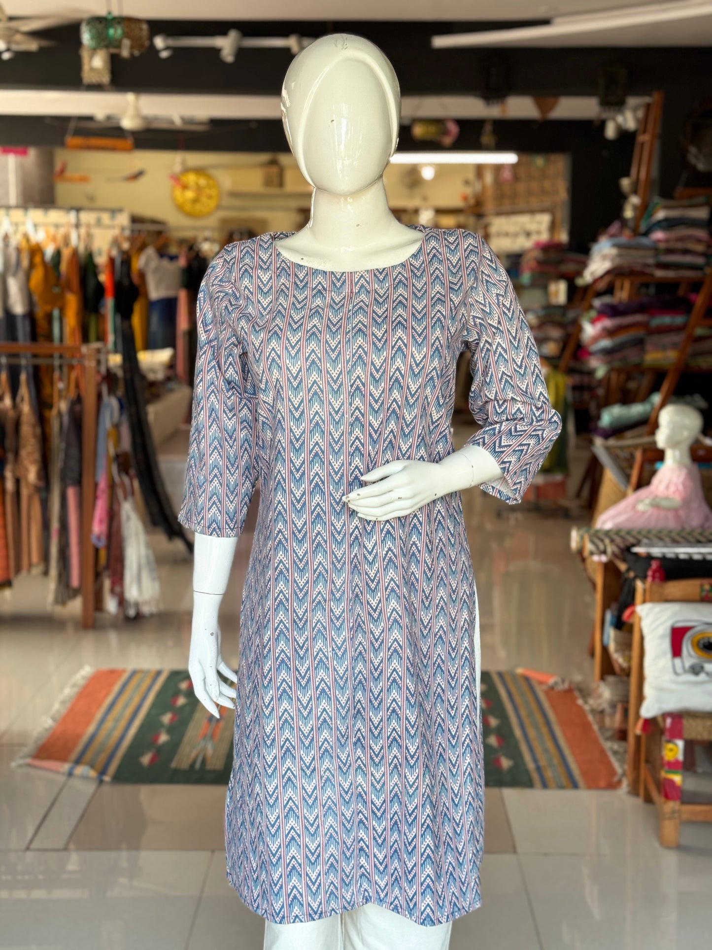 Blue chevrons straight kurti - handwoven, natural dyed cotton straight kurti