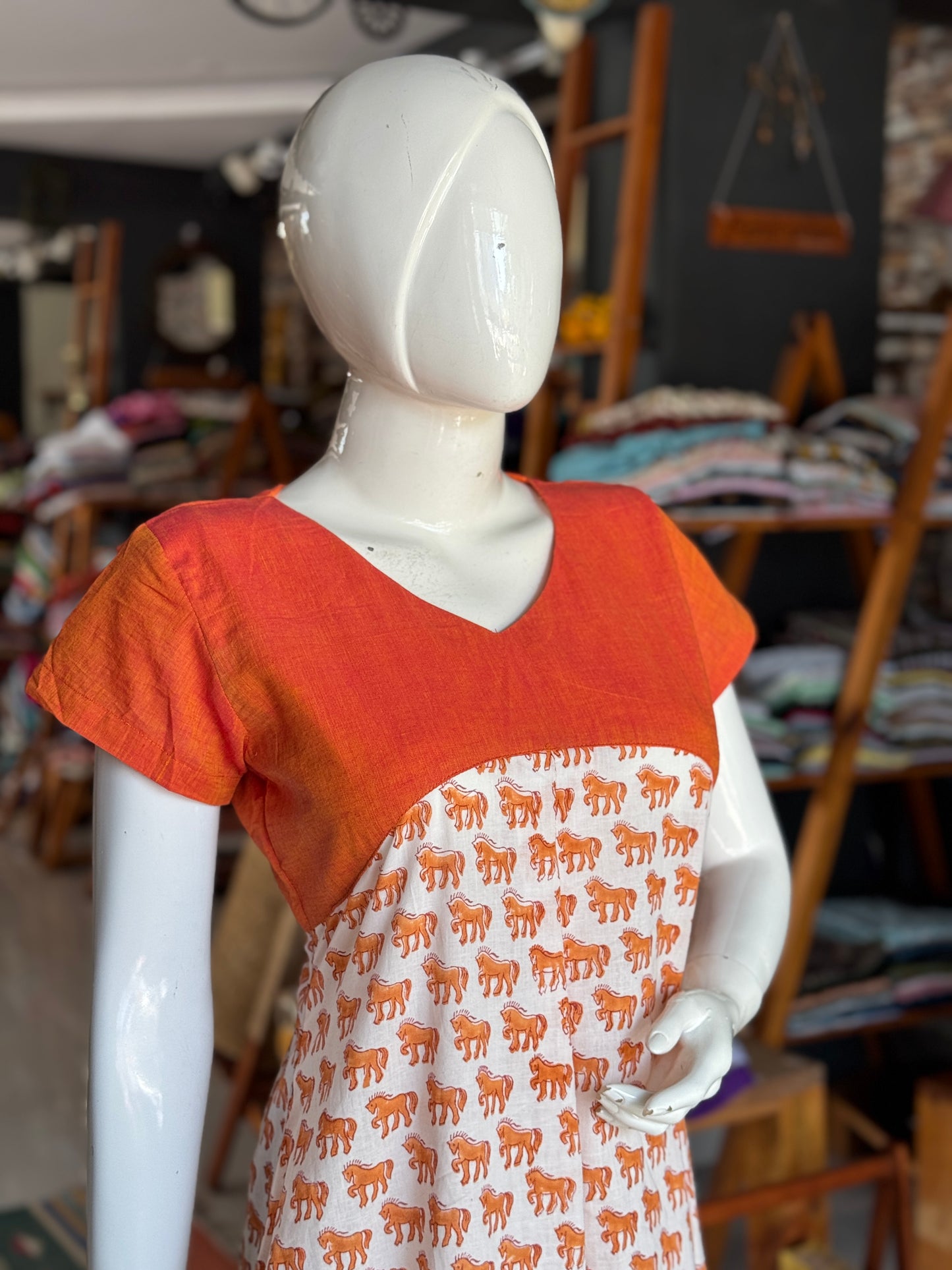 White n Orange cotton dress with horses hand block prints