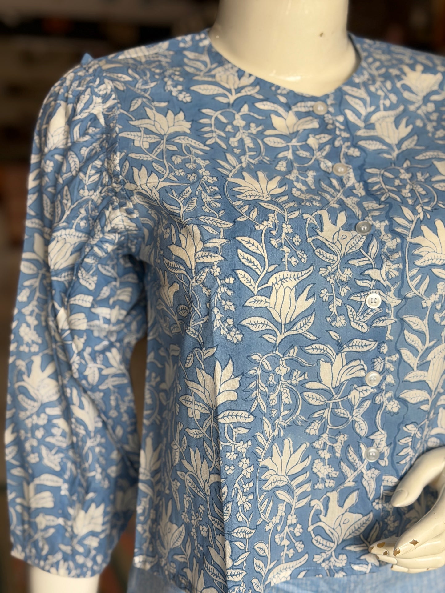 Blue floral cotton top - hand block printed crop top
