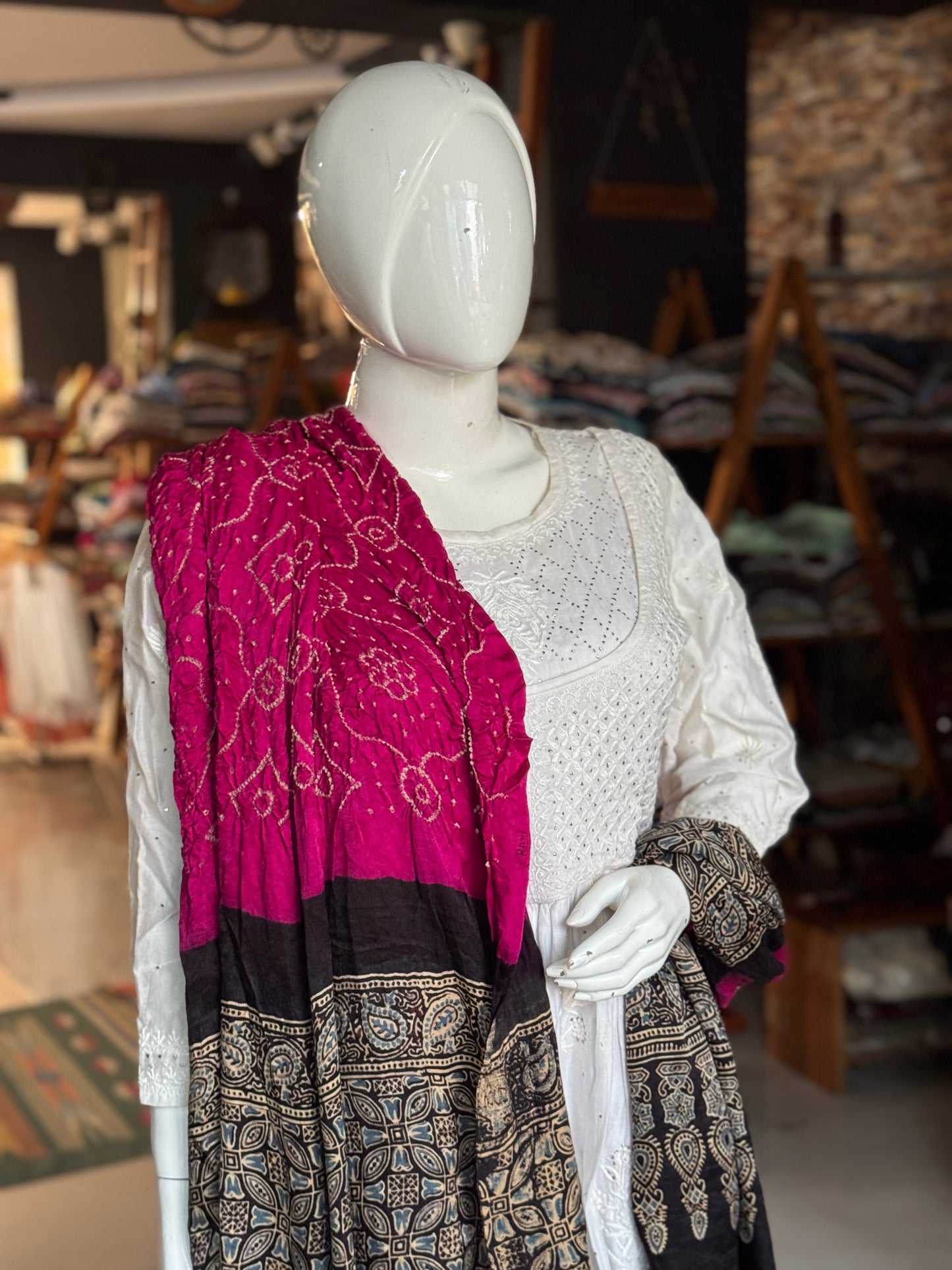 Ajrakh bandini tie dye gajji silk dupatta - fine Bandhej with hand block Ajrakh