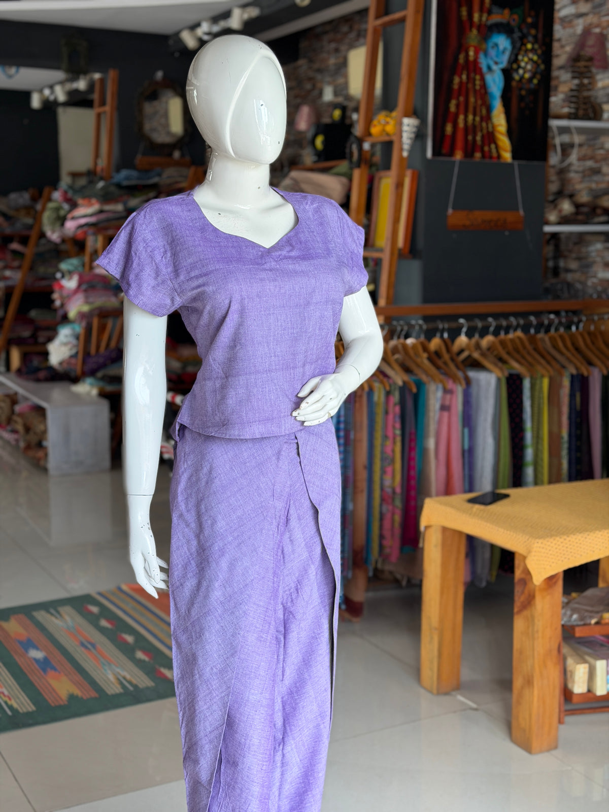 Lavender handloom cotton wrap pants and top coord set - 2 piece set