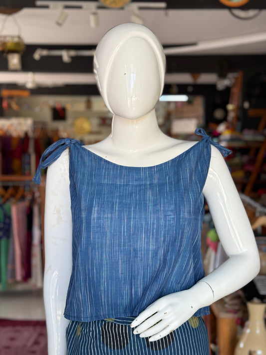 Indigo hand woven cotton tie up shoulder top