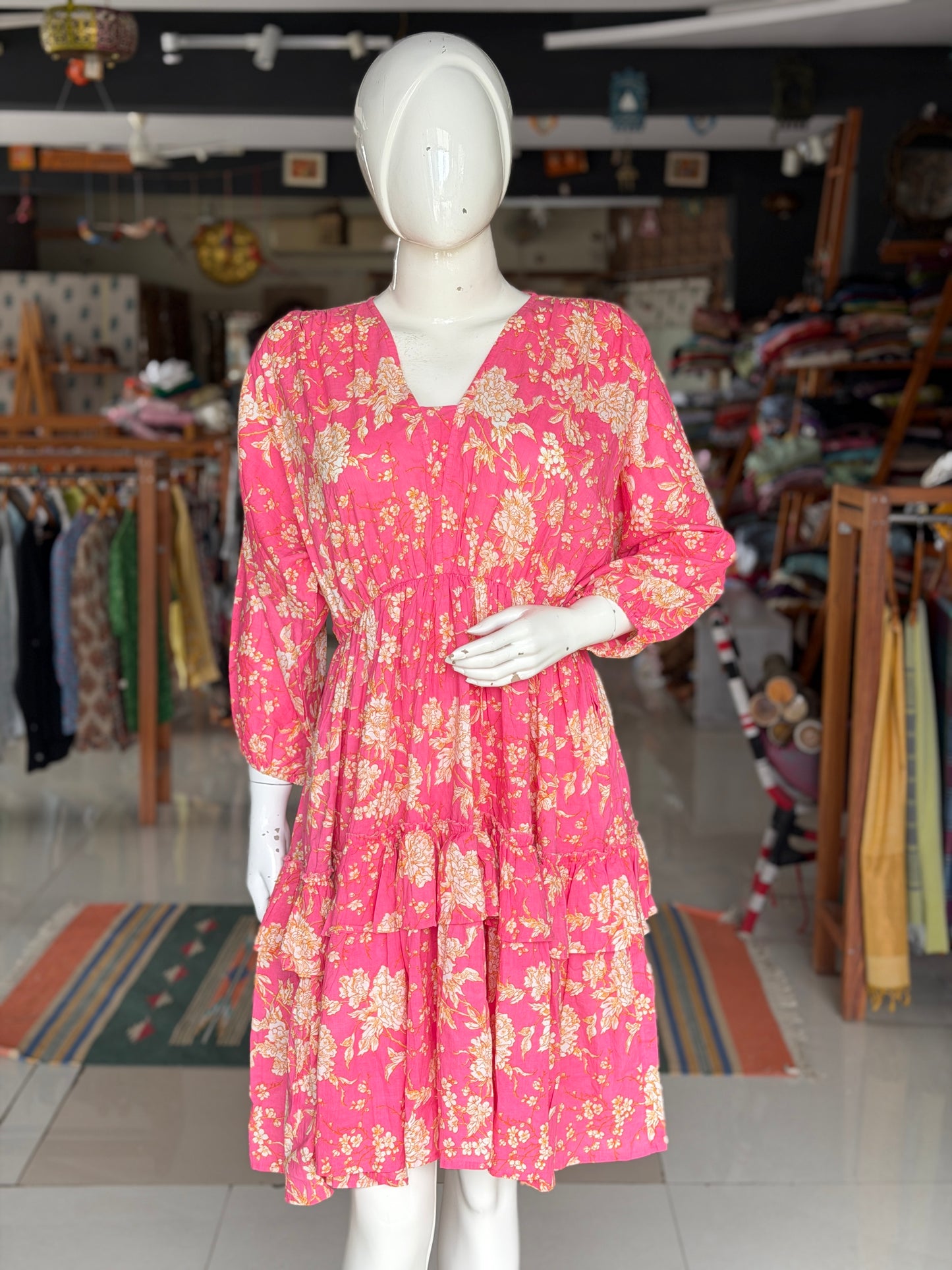 Pink floral cotton knee length tiered frills dress - free size with elastic waist