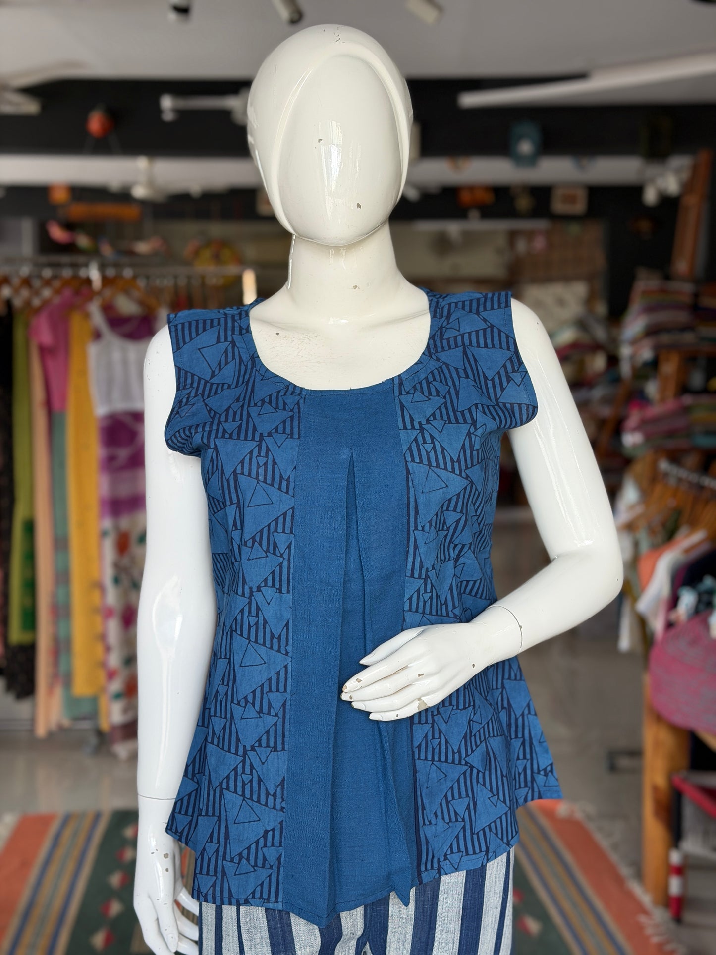 Kala cotton plain blue handloom center panel top with blue triangles hand block printed sides
