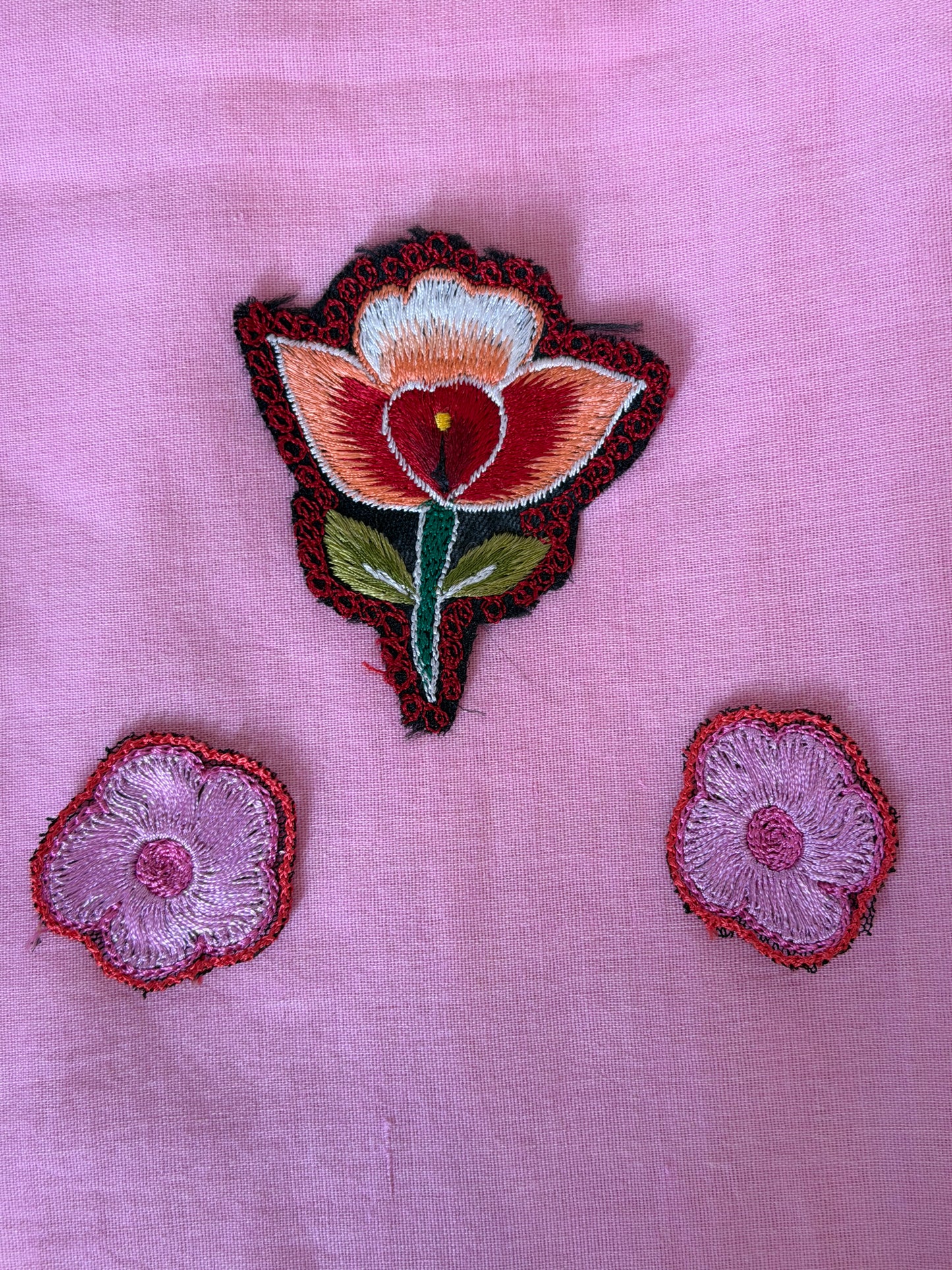 Peach n red flower and leaf embroidered patch