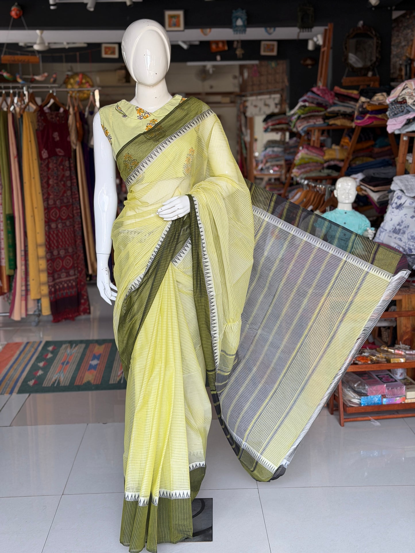 Lime green and dark green Mangalagiri handloom missing checks cotton saree with temple border
