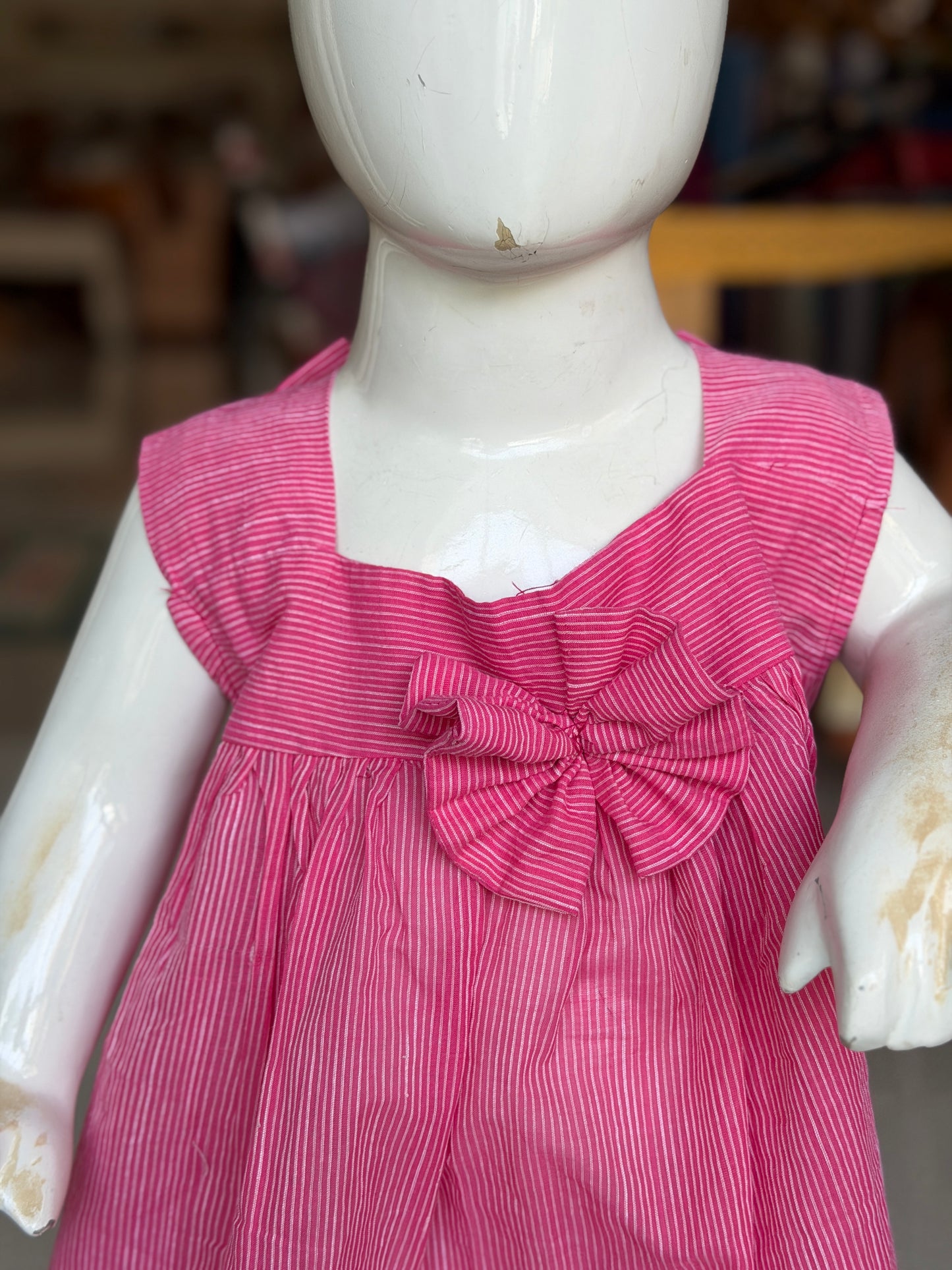 Pink stripes handloom cotton frock for little girls