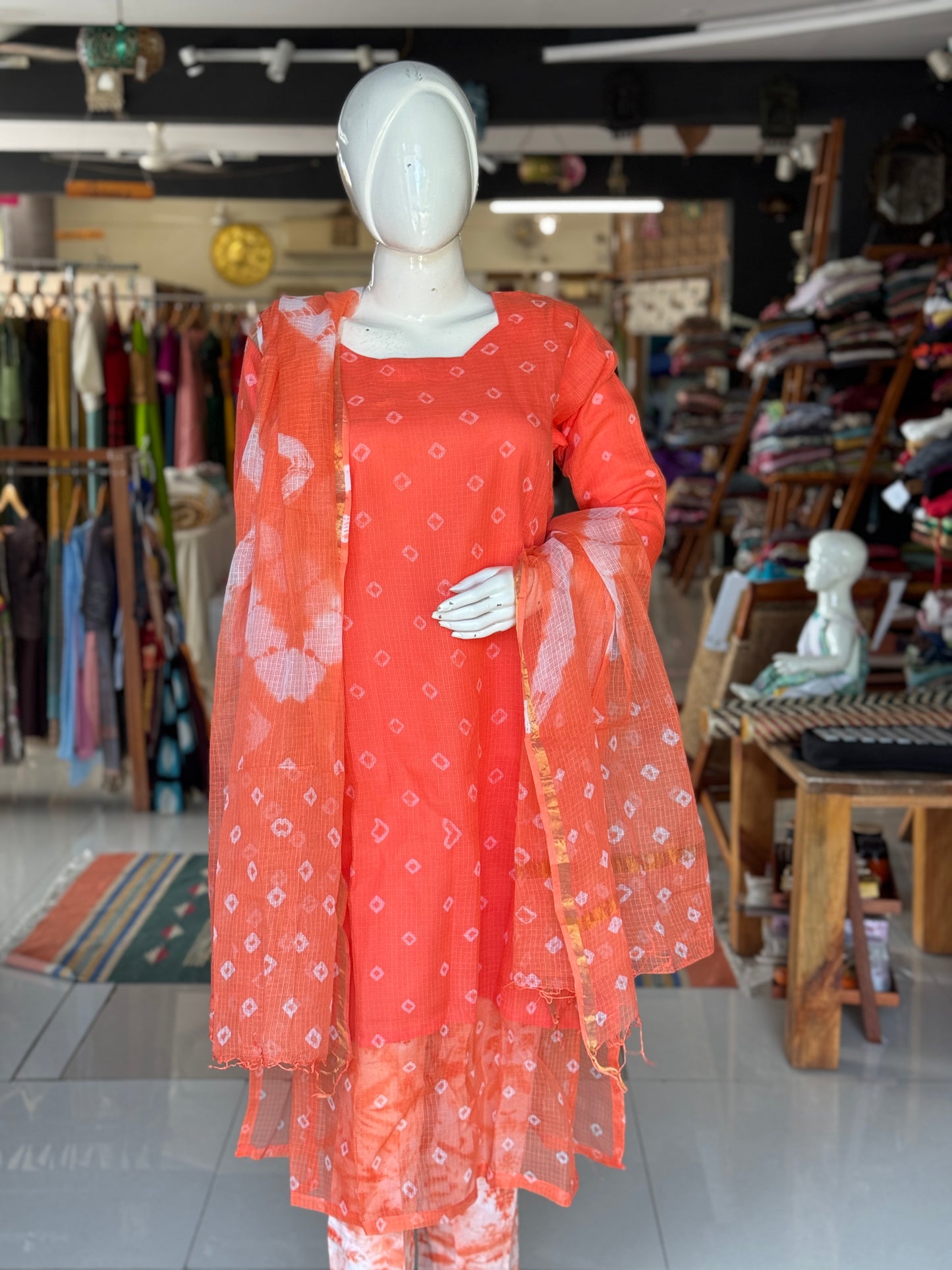 Orange Kota cotton tie n dye kurti, dupatta - 2 piece set - soft n light