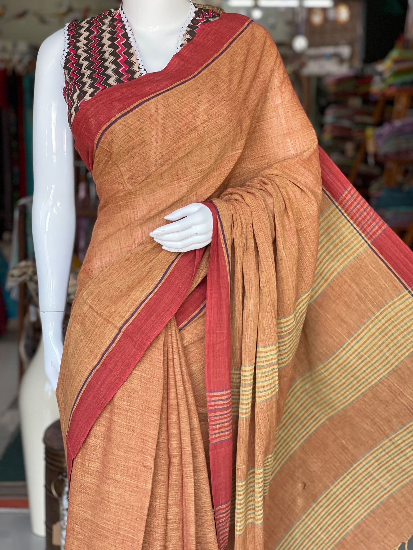 Orange natural dyed, hand spun, hand woven plain cotton saree