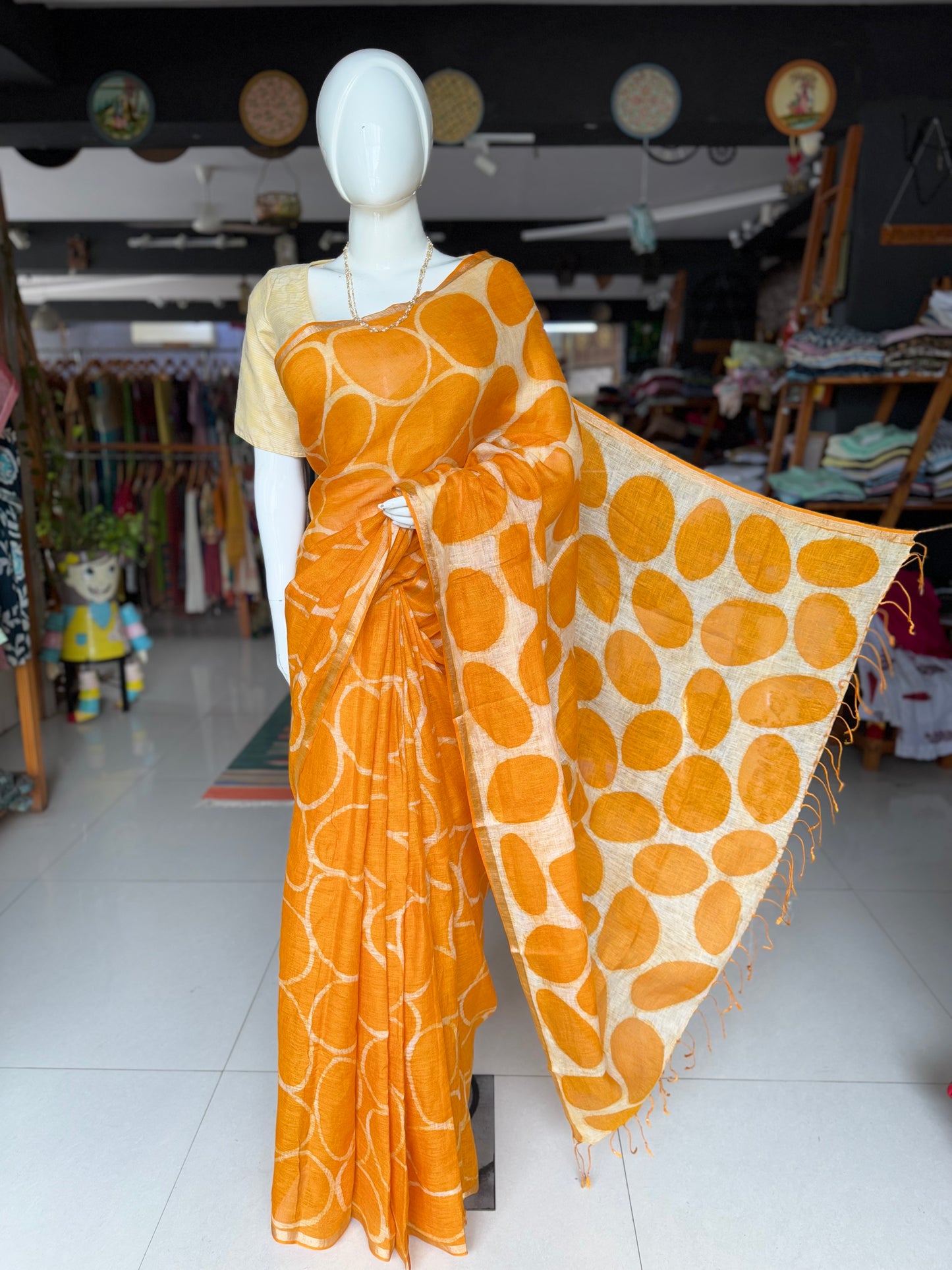 Orange circles design hand batik linen saree