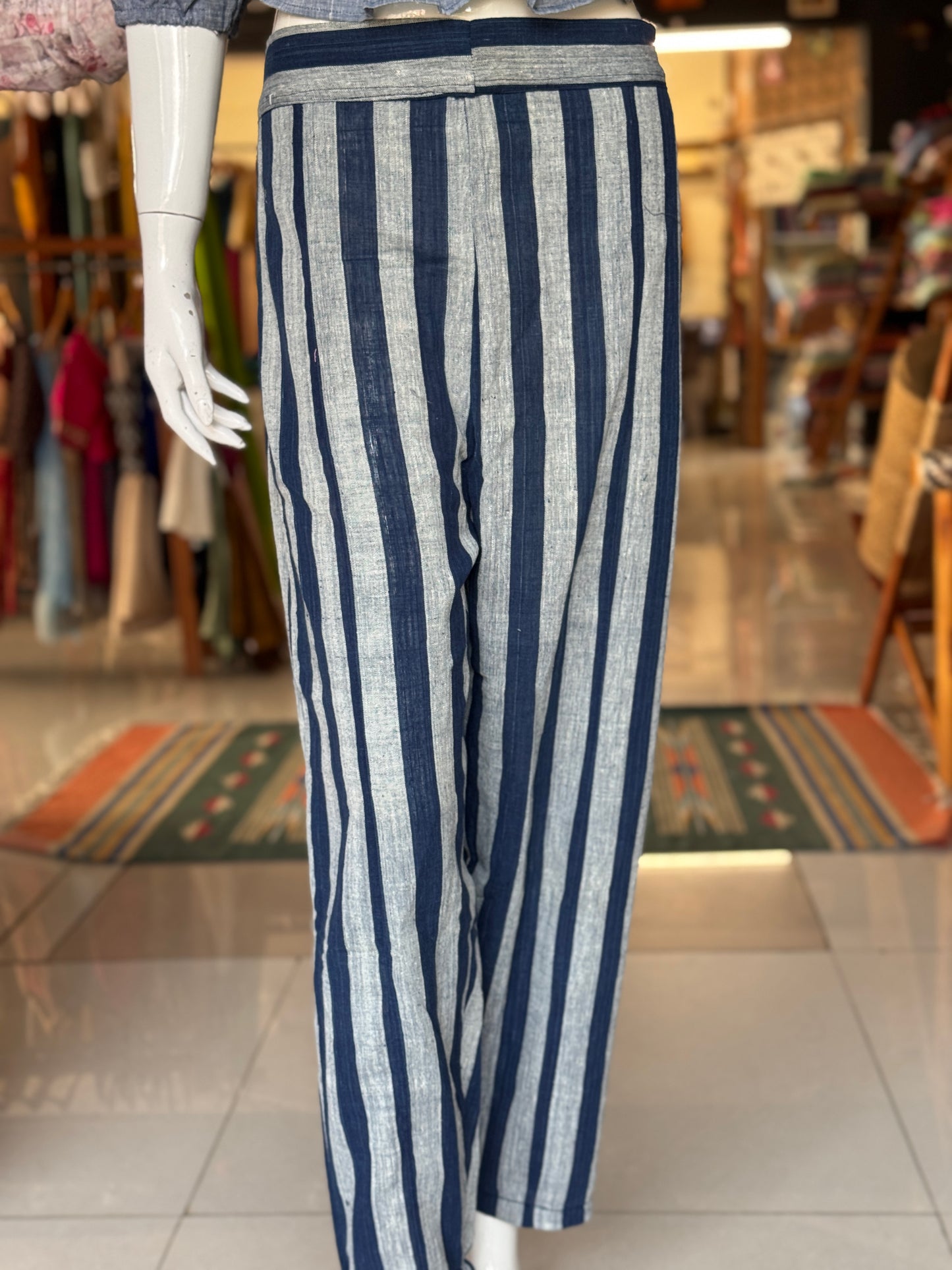 Indigo broad stripes cotton hand spun, hand woven, natural dyed cotton pants