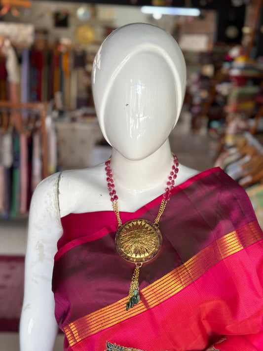 Jumbo brass wired pendant with pink and green natural stones neckpiece