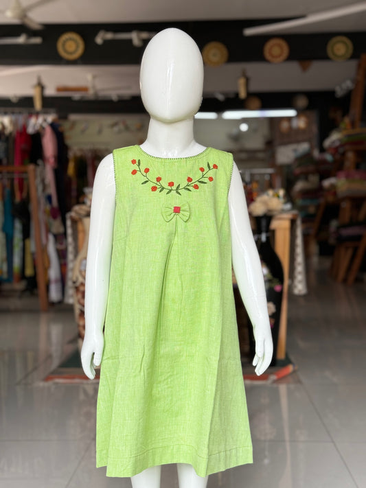 Refreshing green hand embroidered leaves design cotton frock for girls