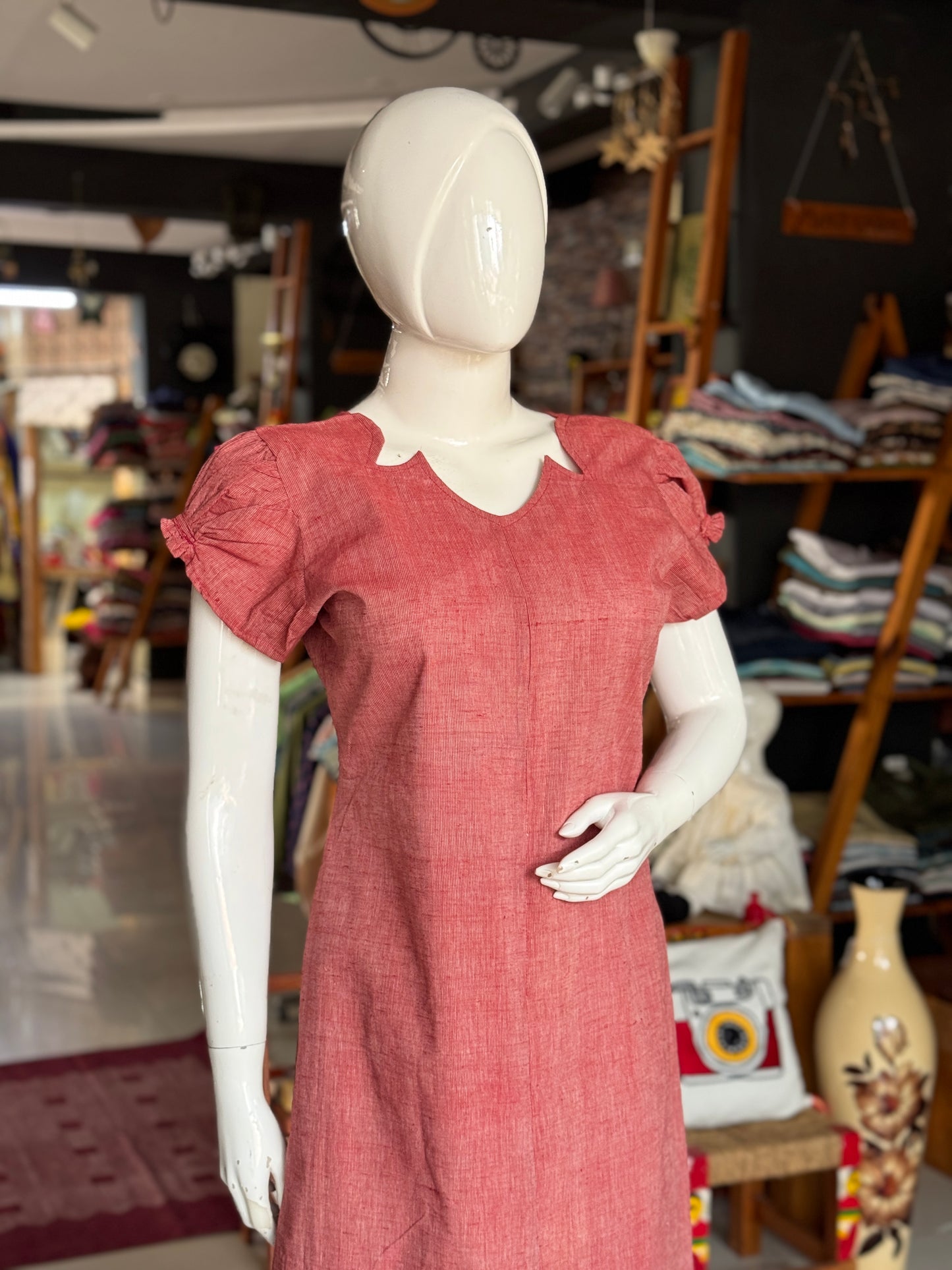 Maroon stripes handwoven cotton straight kurti with fancy neckline and sleeves