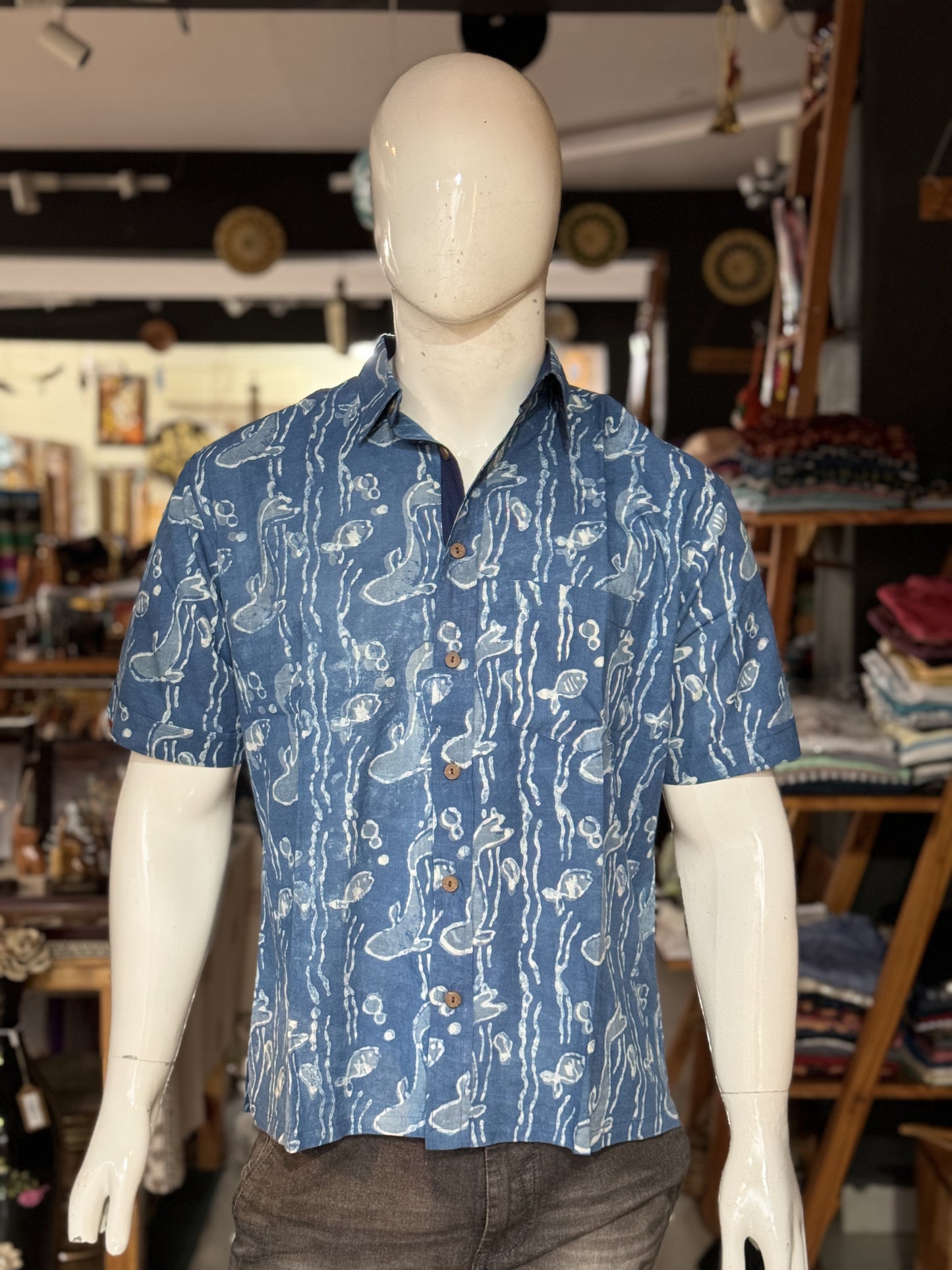 Indigo under water print half sleeves mens natural dye, hand block printed cotton shirt